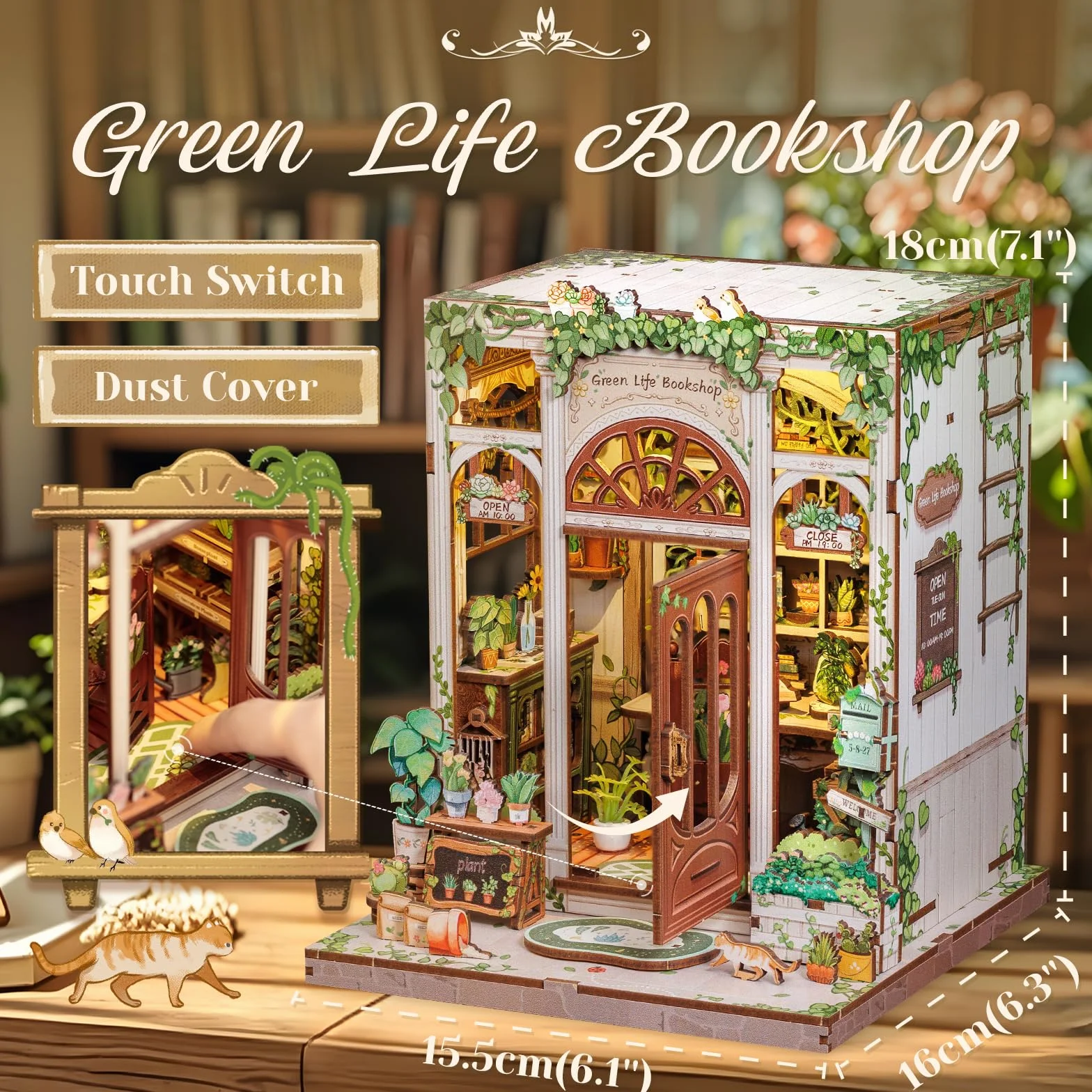CUTEBEE Book Nook Kit-DIY Domek dla Lalek,Miniaturowy Dom z Zielonymi Roślinami i Oświetleniem LED,Deko na Półkę na Książki,Wyjątkowy Prezent (Green Life Bookshop)