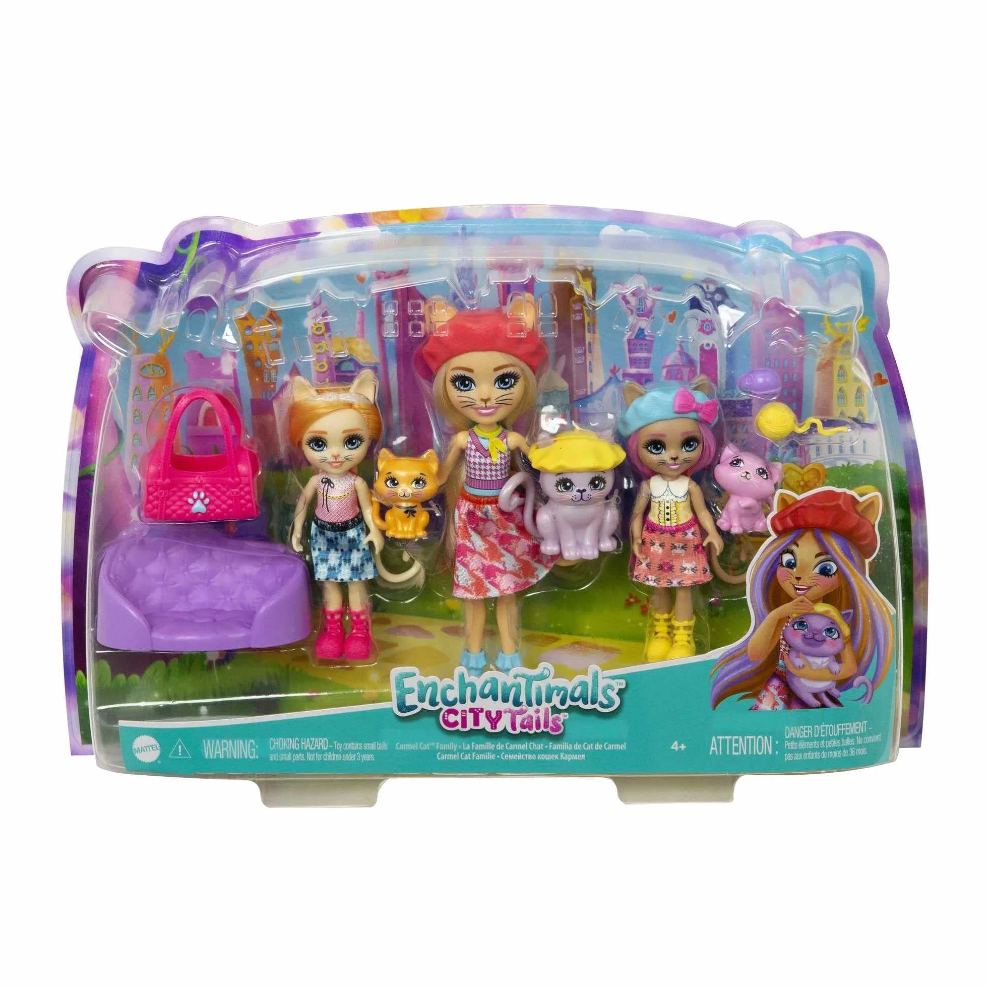 Enchantimals Carmel Cat Rodzinka kotków Zestaw do zabawy z 3 lalkami, 3 figurkami kotków, ponad 10 elementów, prezent dla dzieci od 4 roku życia, HHC11