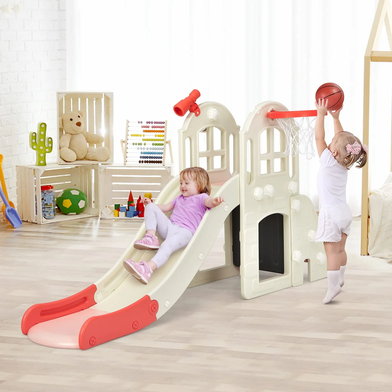 COSTWAY Plac zabaw dla dzieci, 6 w 1, zjeżdżalnia z drabiną, koszem do koszykówki, kółkami, teleskopem i tunelem, centrum zabaw, do użytku wewnątrz i na zewnątrz, dla dzieci w wieku 3-8 lat (różowa)
