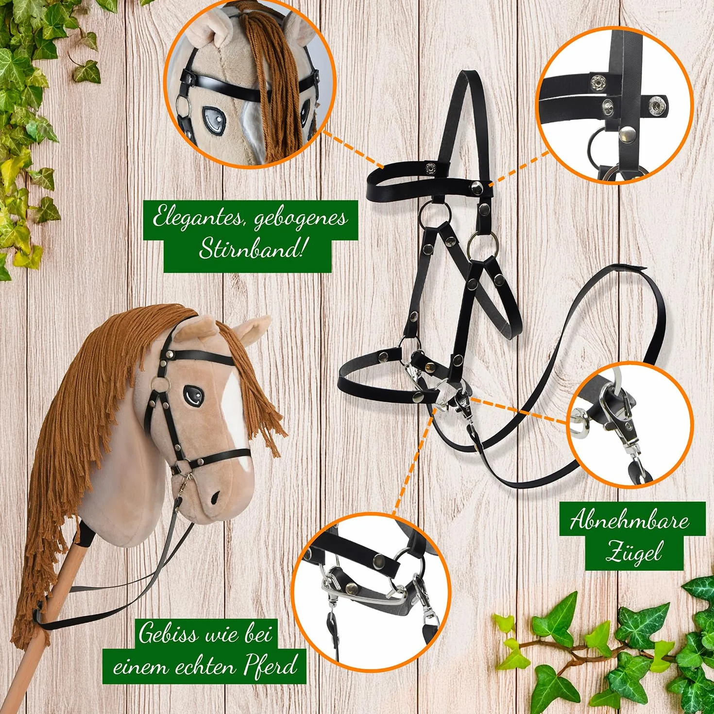Hobby Horse Beige A3, kompletny kij koń z siatką, mors, lejce, kantar i czarno-biała czapka przeciw owadom. kij do hobby koni dla dzieci i młodzieży