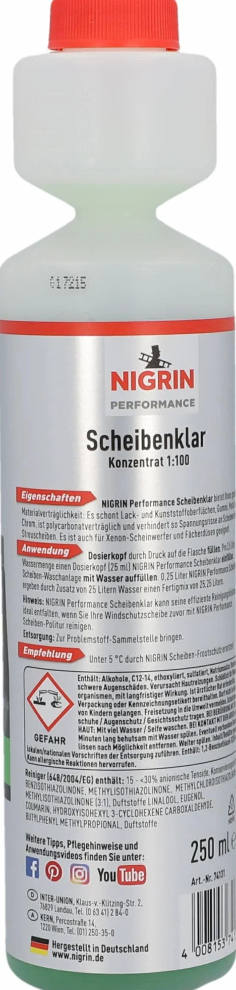 NIGRIN Scheibenklar koncentrat 1:100, szybki i skuteczny dla najlepszej widoczności, 250 ml, bezbarwny
