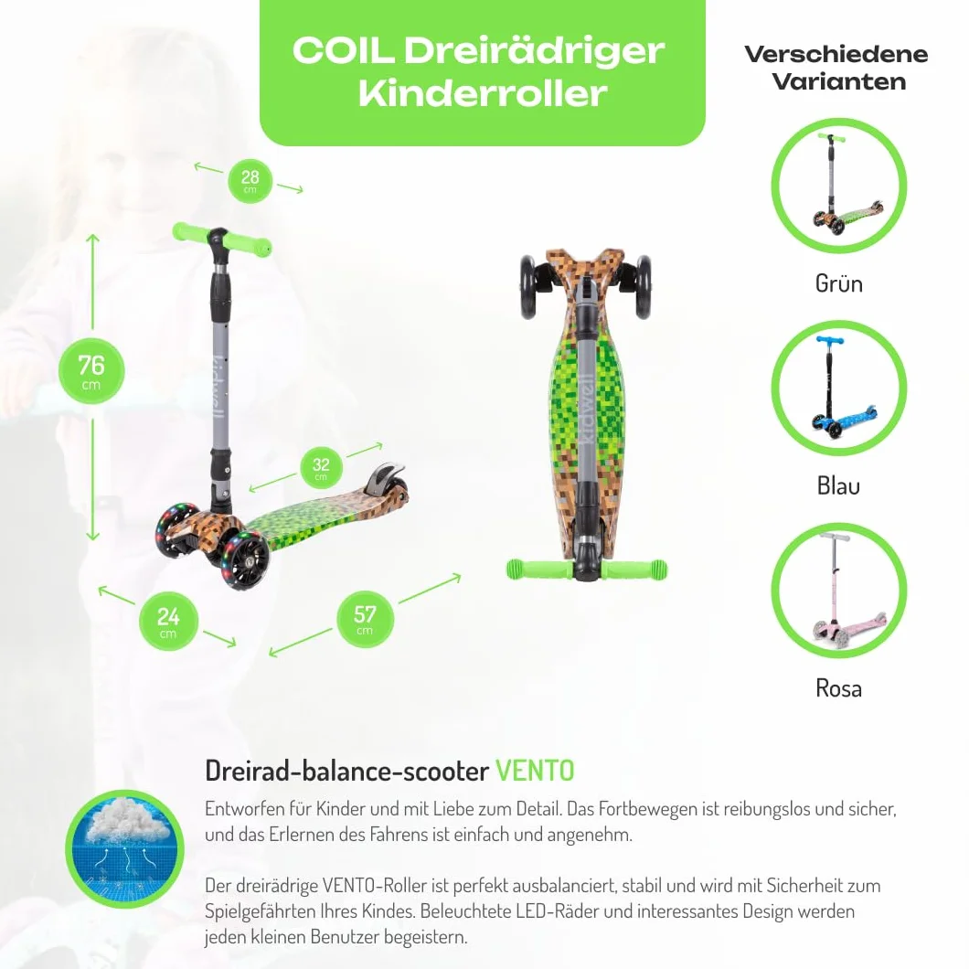 COIL Skuter dziecięcy, trójkołowy skuter, trójkołowy skuter balansowy, miejski, łożyska ABEC-7, 3-stopniowa regulacja kierownicy, koła LED
