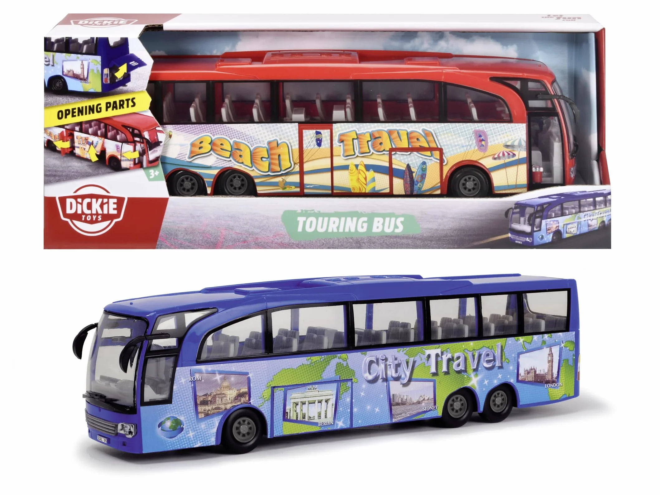 Dickie Toys 203745005 Autobus turystyczny, zabawkowy autokar z tarciem, drzwi otwierane, 2 wersje kolorystyczne, wybór koloru losowy czerwony lub niebieski, dla dzieci od 3 lat, 30 cm