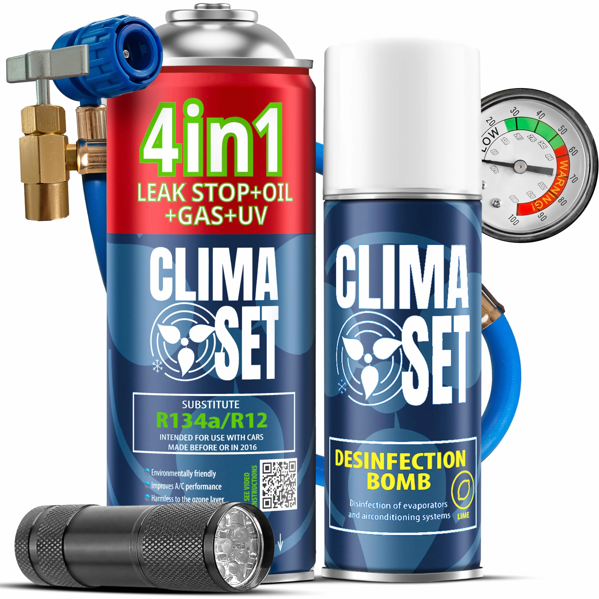 CLIMASET - Zamiennik czynnika chłodniczego R134a 4in1, Do samochodów 1994-2016 - System klimatyzacji, Samodzielna aplikacja - Uszczelniacz, Barwnik UV, Olej - Z przewodem, odświeżaczem i lampą UV