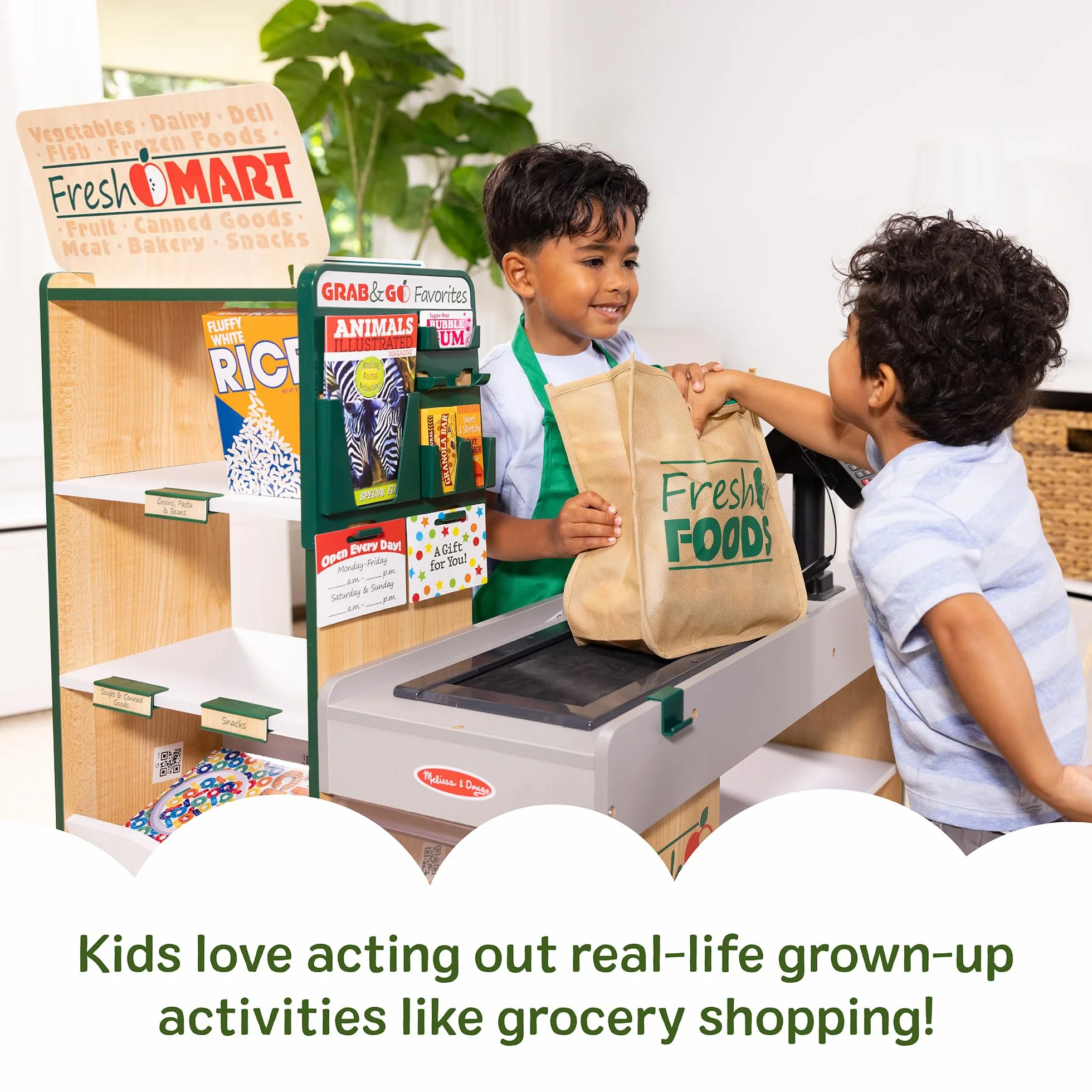Melissa & Doug Drewniany sklep spożywczy Fresh Mart | Kasa dla dzieci | Zabawa w supermarket dla dzieci| Bardzo duży drewniany zestaw do zabawy z akcesoriami | Prezent dla chłopców I dziewczynek