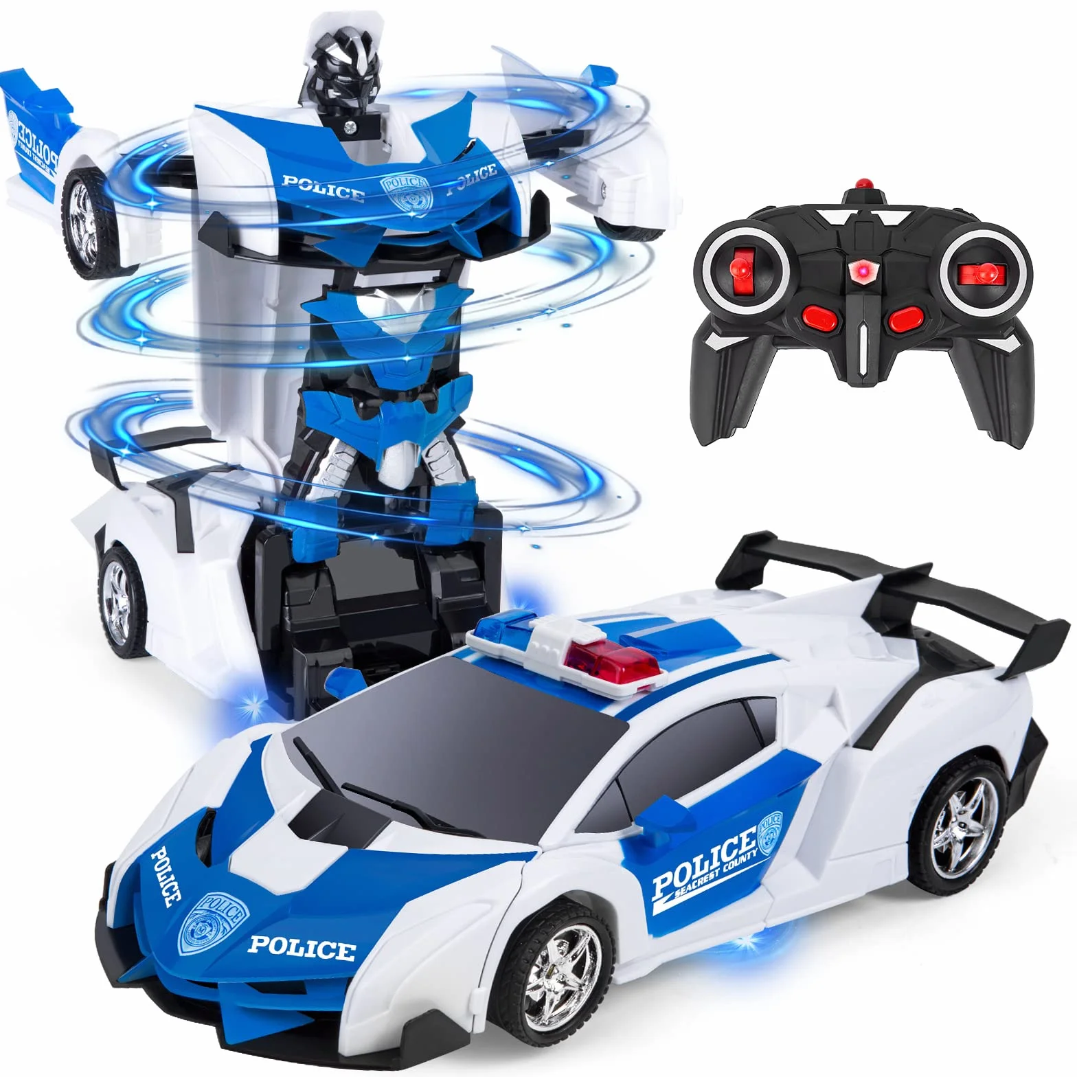 Highttoy Zdalnie sterowany samochód dla dzieci w wieku 3-12 lat, samochód policyjny, deformacja robota RC, obracany o 360°, transformator, zabawka dla chłopców, dziewczynek, prezent 2,4 GHz, samochód