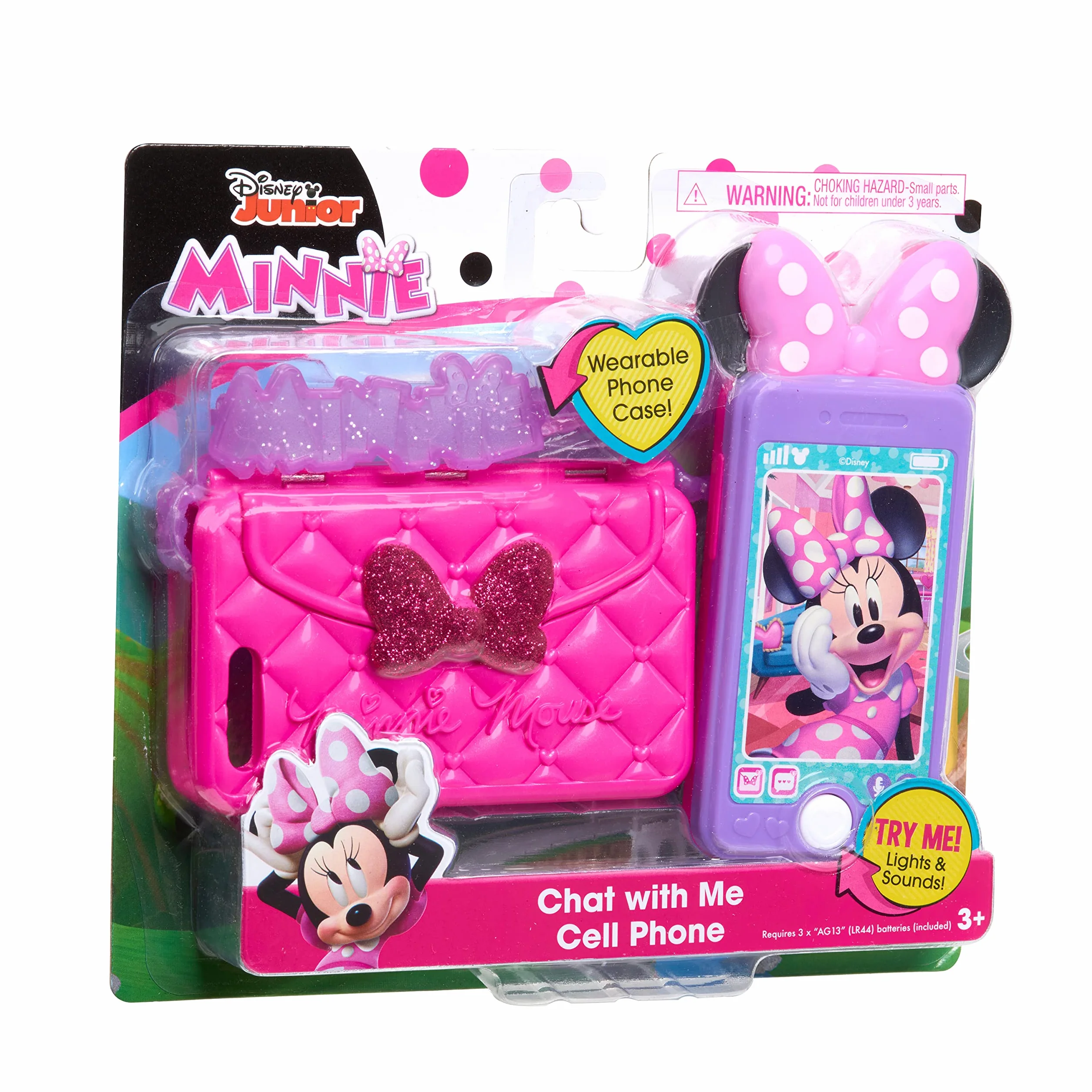 Disney Junior Minnie Mouse Chat with Me Cell Phone Set, Lights and Realistic Sounds, Includes Strap to Wear Like a Purse