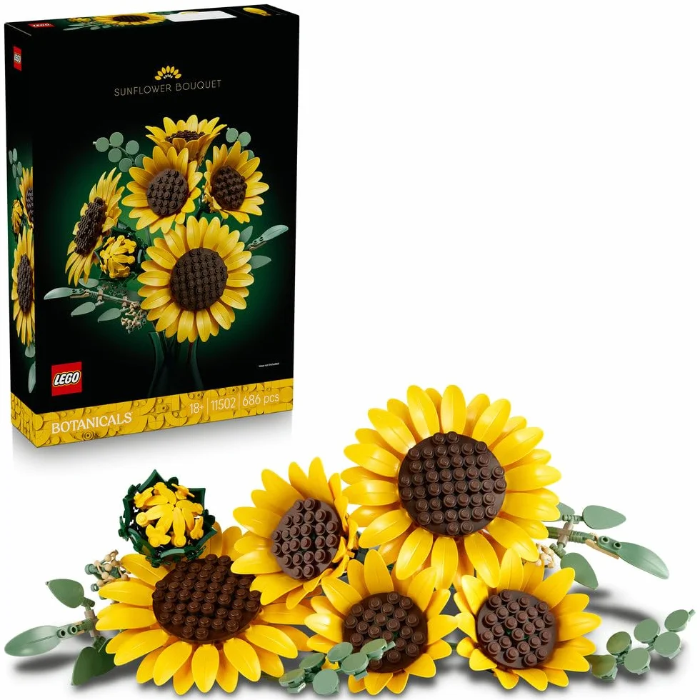 LEGO Botanicals Bukiet słoneczników, zestaw konstrukcyjny dla dorosłych, kwiatowa dekoracja z sześcioma kwiatami i liśćmi eukaliptusa, pomysł na prezent urodzinowy dla kobiet i mężczyzn 11502
