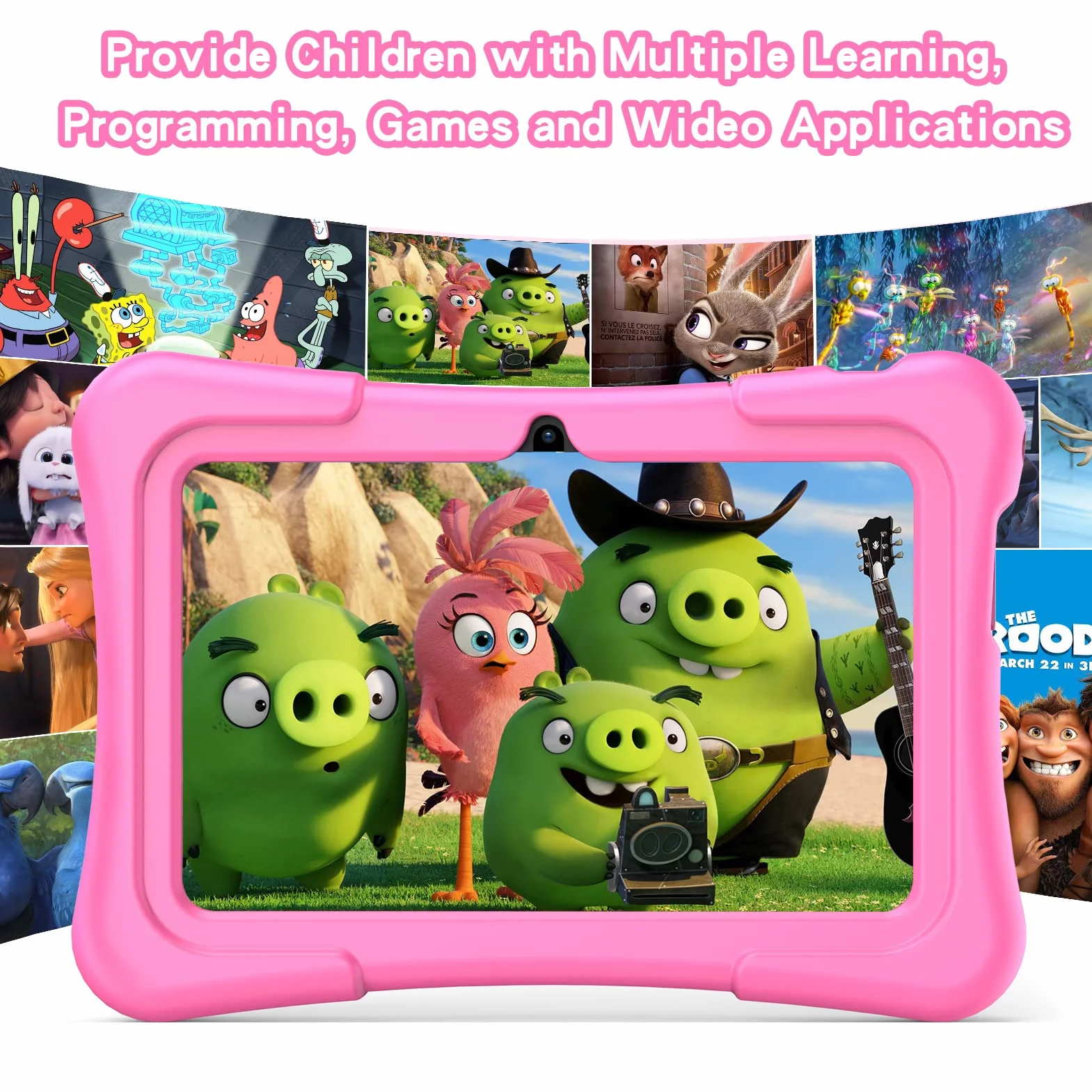 Pritom 7-calowy tablet dla dzieci, z systemem Android 11, Quad Core, 2 GB RAM, 32 GB ROM, BT, Wi-Fi, podwójny aparat, edukacja, gry, zabezpieczenie przed dziećmi, fabrycznie zainstalowane oprogramowanie dla dzieci w etui na tablet, typ C, różowy
