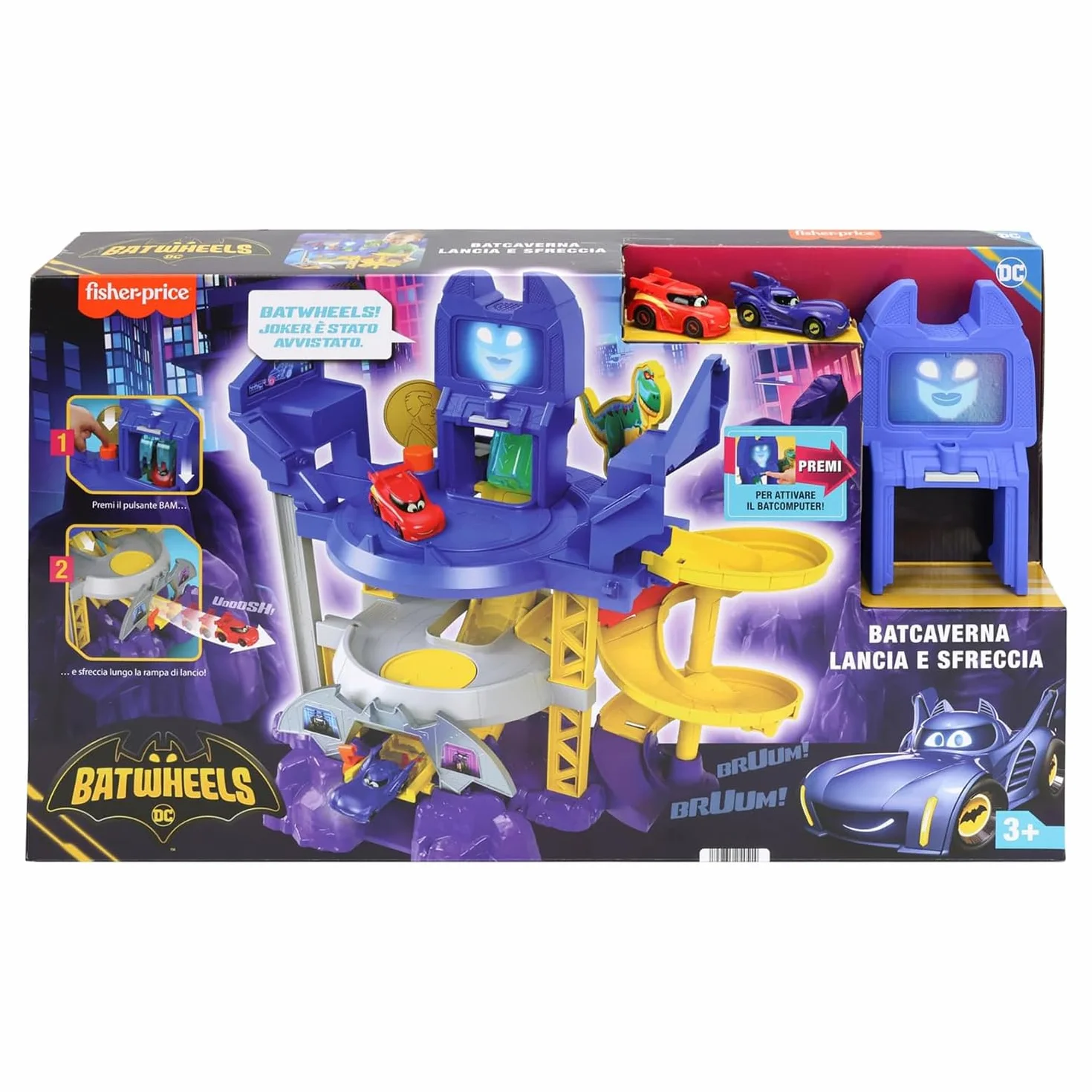 Fisher-Price DC Batwheels Batcaverna Lancia & Strzałka, zestaw startowy inspirowany Batcaverna, 3 plany, światła i dźwięk, w zestawie 2 samochody zabawkowe, zabawki dla dzieci w wieku 3+ lat, HYR74