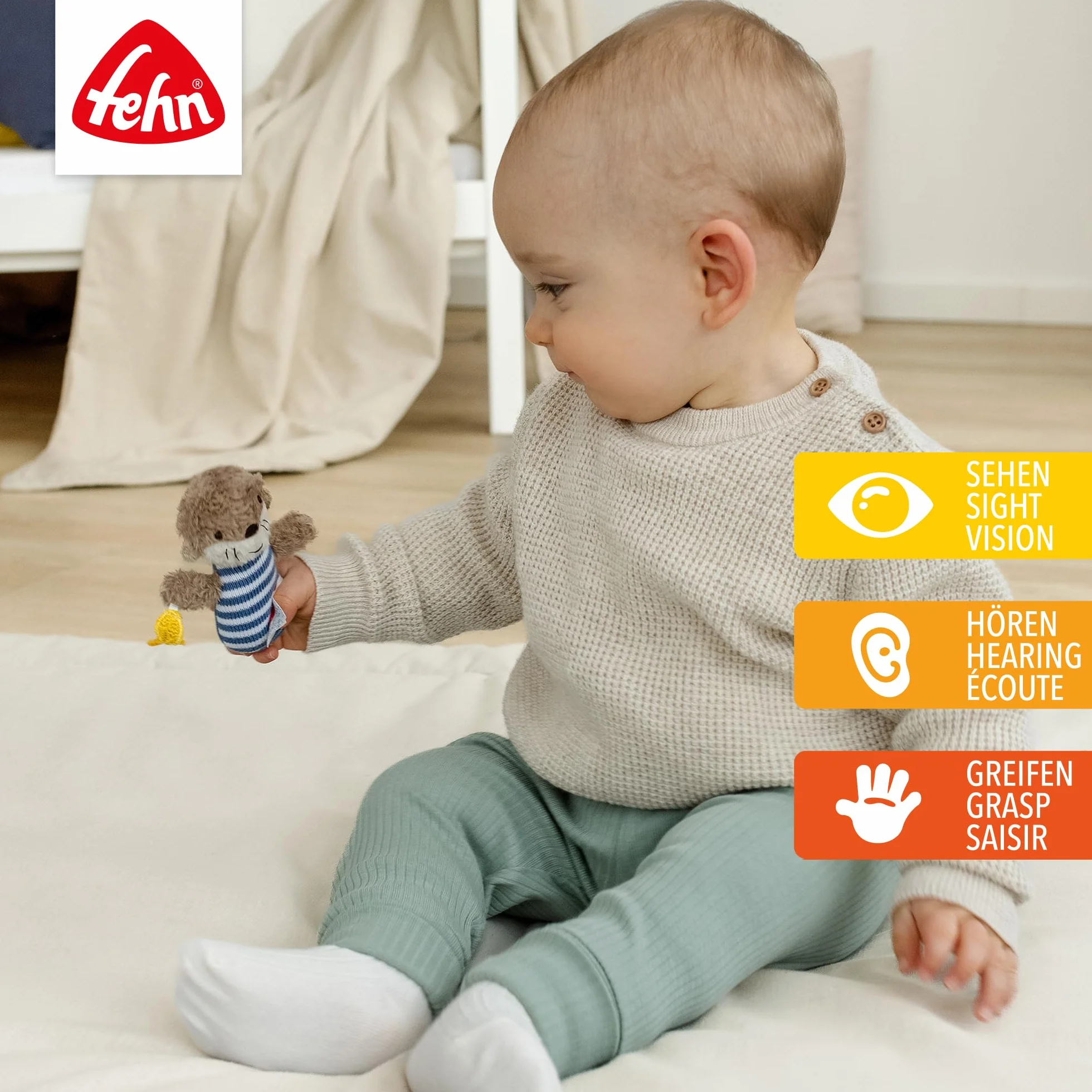 Fehn Mini-Rassel Otter – Mini-Greifling zum Rasseln, Fühlen, Spielen mit kuschelweichem Stoff-Tier – ein treuer Begleiter für Babys und Kleinkinder ab 0+ Monaten