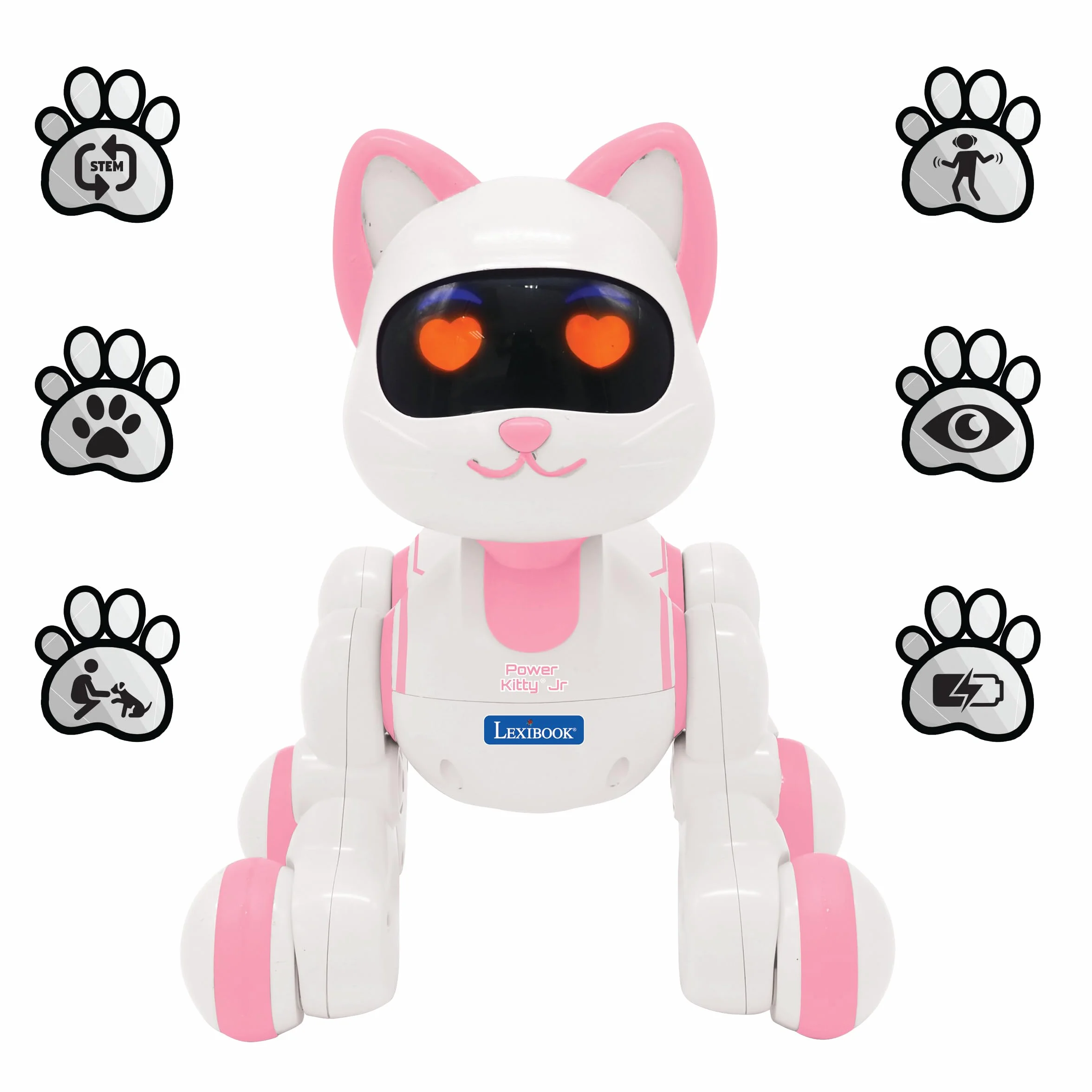 Lexibook, Power Kitty Jr, Zdalnie Sterowany Kot do Tresury, Chodzi jak Prawdziwy Kot, Interaktywne Oczy, Programowalny Stem, Akumulator, Różowy, Biały, KIT01