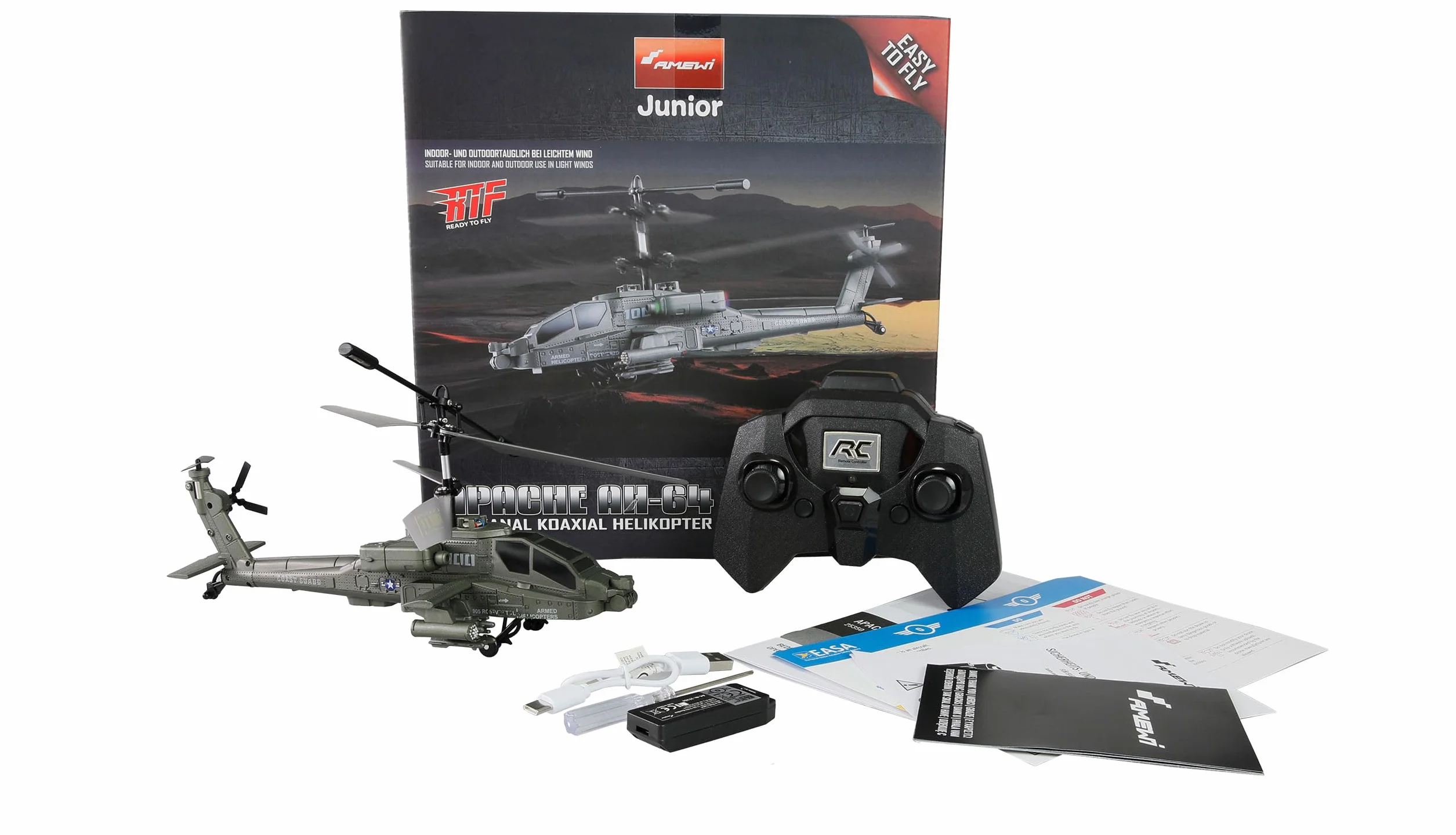 Apache AH-64 Helicopter Coaxial 3,5-kanałowy RTF z pilotem zdalnego sterowania, akumulator, kabel do ładowania, 250 mm, ciemnozielony