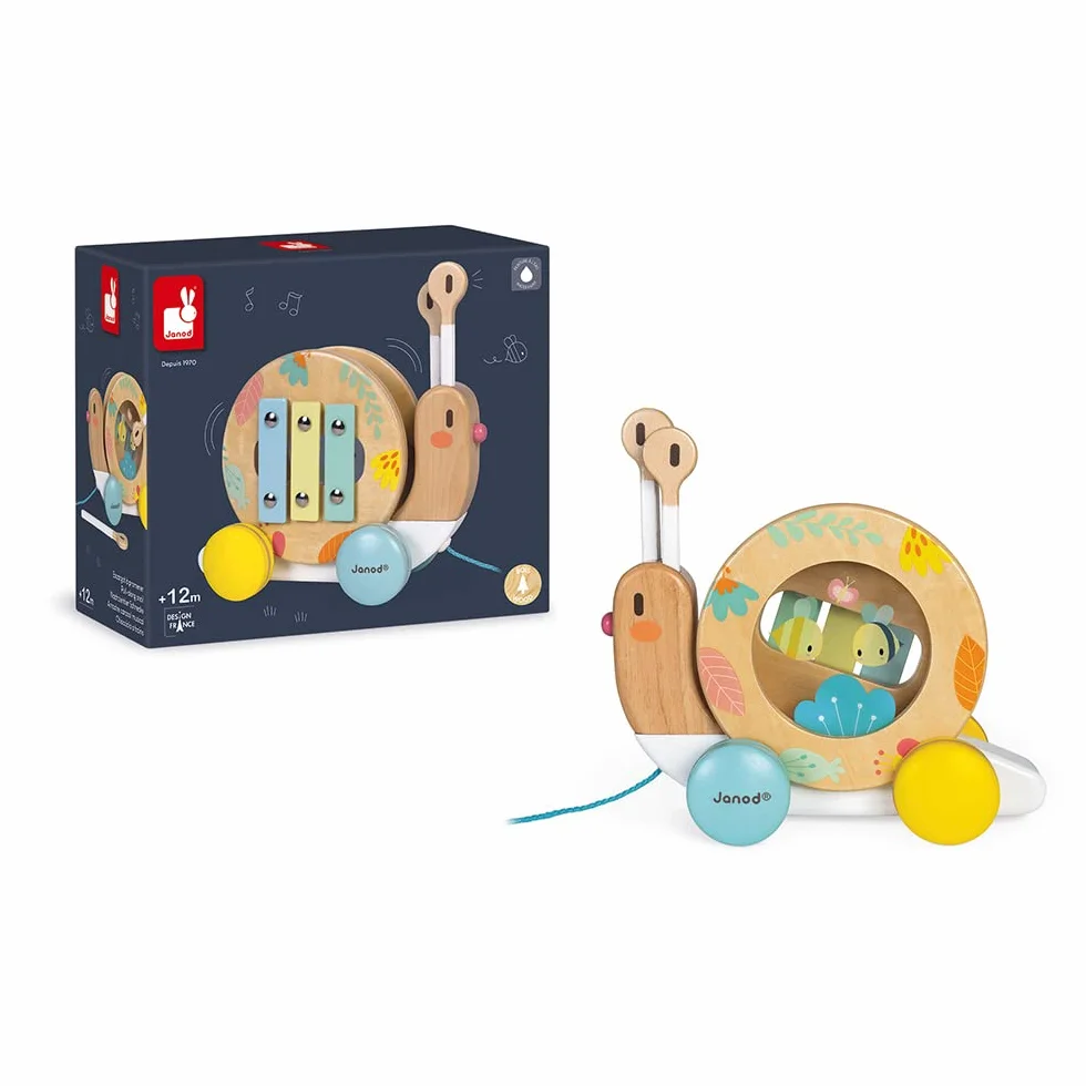 Janod - Wooden Pure Pull-Along Snail - Wooden Toy with Xylophone and Tambourine - Water Based Paint - Educational Musical Early Learning Toy - from 1 Year Old, J05159
