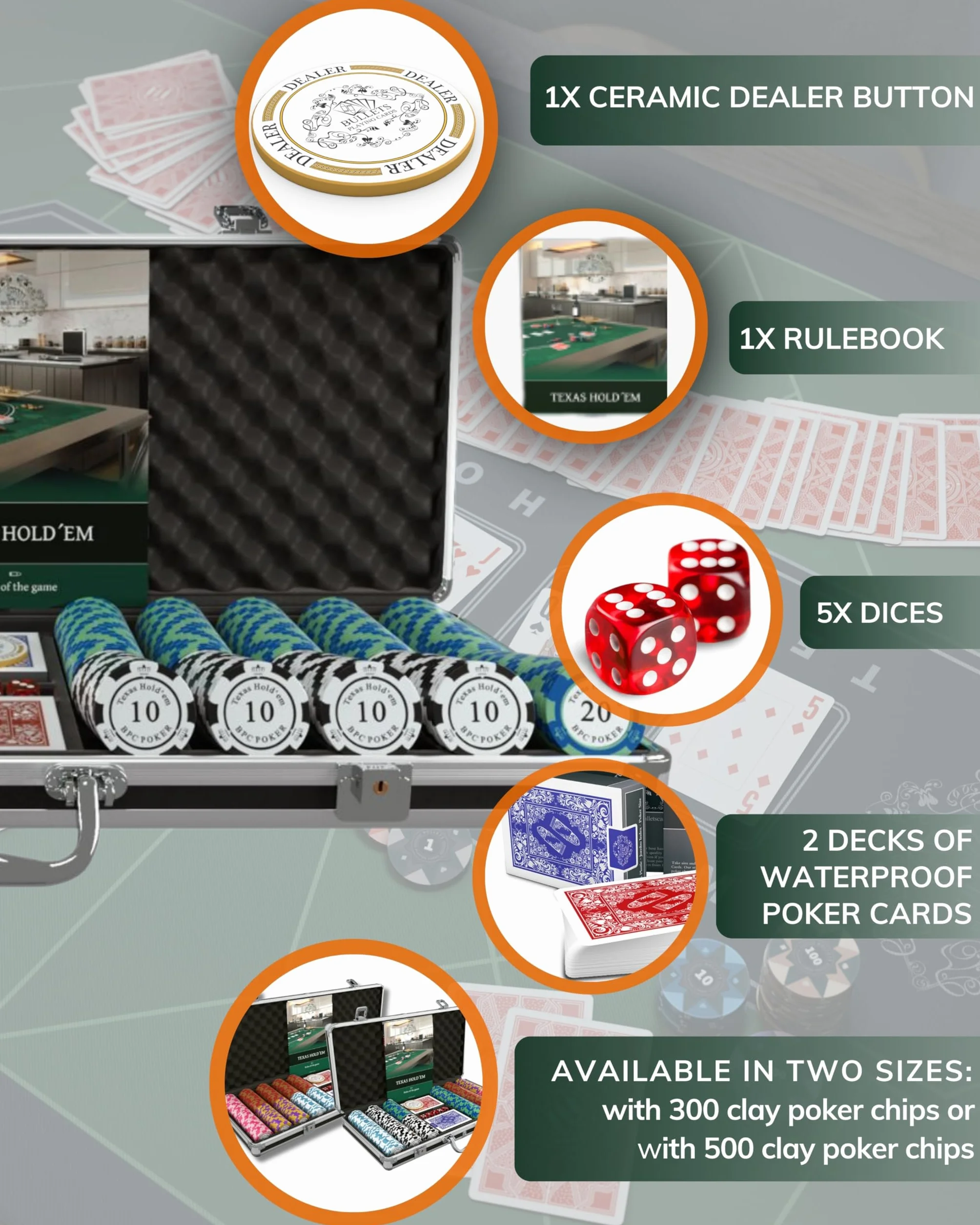 Bullets Playing Cards, Zestaw pokerowy "Carmela" z 500 glinianymi żetonami do pokera, w tym ceramiczny przycisk dealera, podwójne opakowanie kart do pokera Bullets