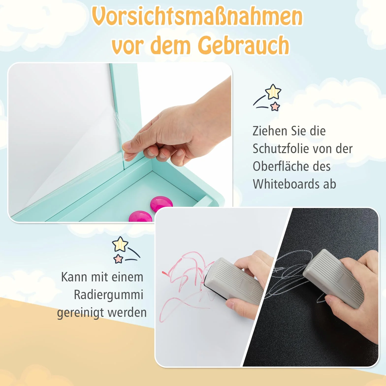 COSTWAY Sztaluga dziecięca 3 w 1, dwustronna, tablica suchościeralna, tablica do pisania kredą i papier rysunkowy, tablica stojąca z magnesami, 2 półki regałowe, drewniana tablica z 2 pudełkami do