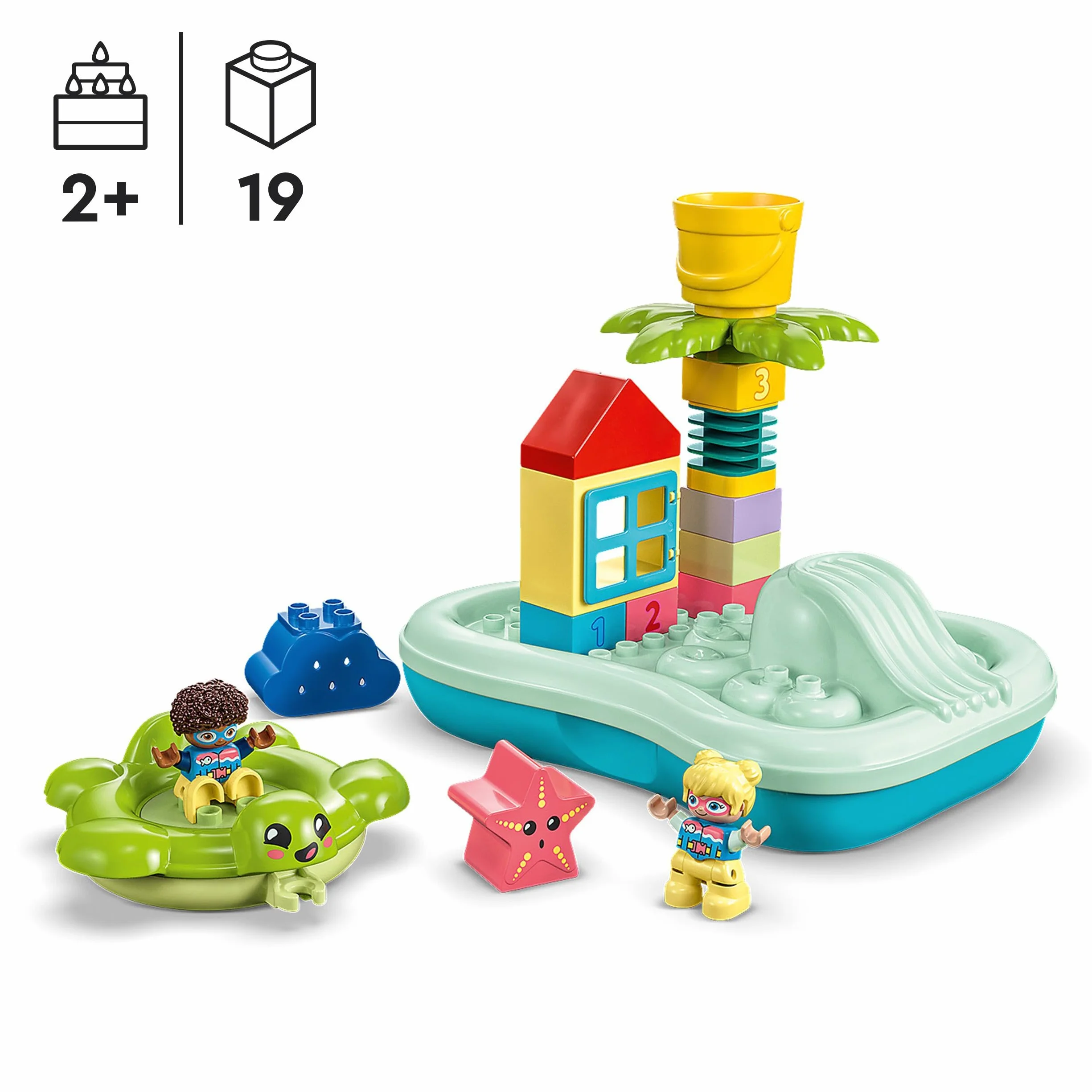 LEGO 10989 DUPLO Park Wodny, zabawki do kąpieli dla 2-latka i małych dzieci, z pływającą wyspą, żółwiem i rozgwiazdą, łatwe do czyszczenia zabawki wodne do wanny