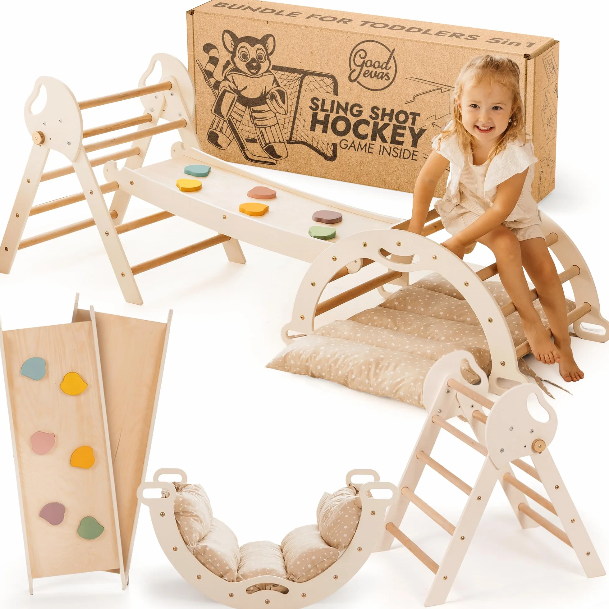 Goodevas 5-w-1 Montessori zabawka wspinaczkowa Indoor z drewna z zjeżdżalnią – trójkąt wspinaczkowy Montessori dla dzieci od 1 roku, wewnętrzny plac zabaw dla niemowląt, wewnętrzne zabawki