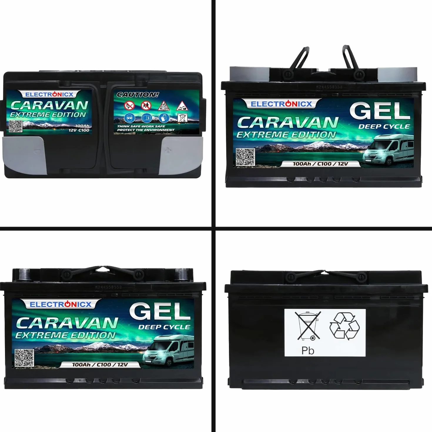 Electronicx CARAVAN EXTREME EDITION 100Ah / C100 / 12V – Żelowy akumulator zasilający – 100Ah – 12V – do kampera, vana, łodzi, systemów PV – bezobsługowy i wytrzymały – 278×175×190 mm