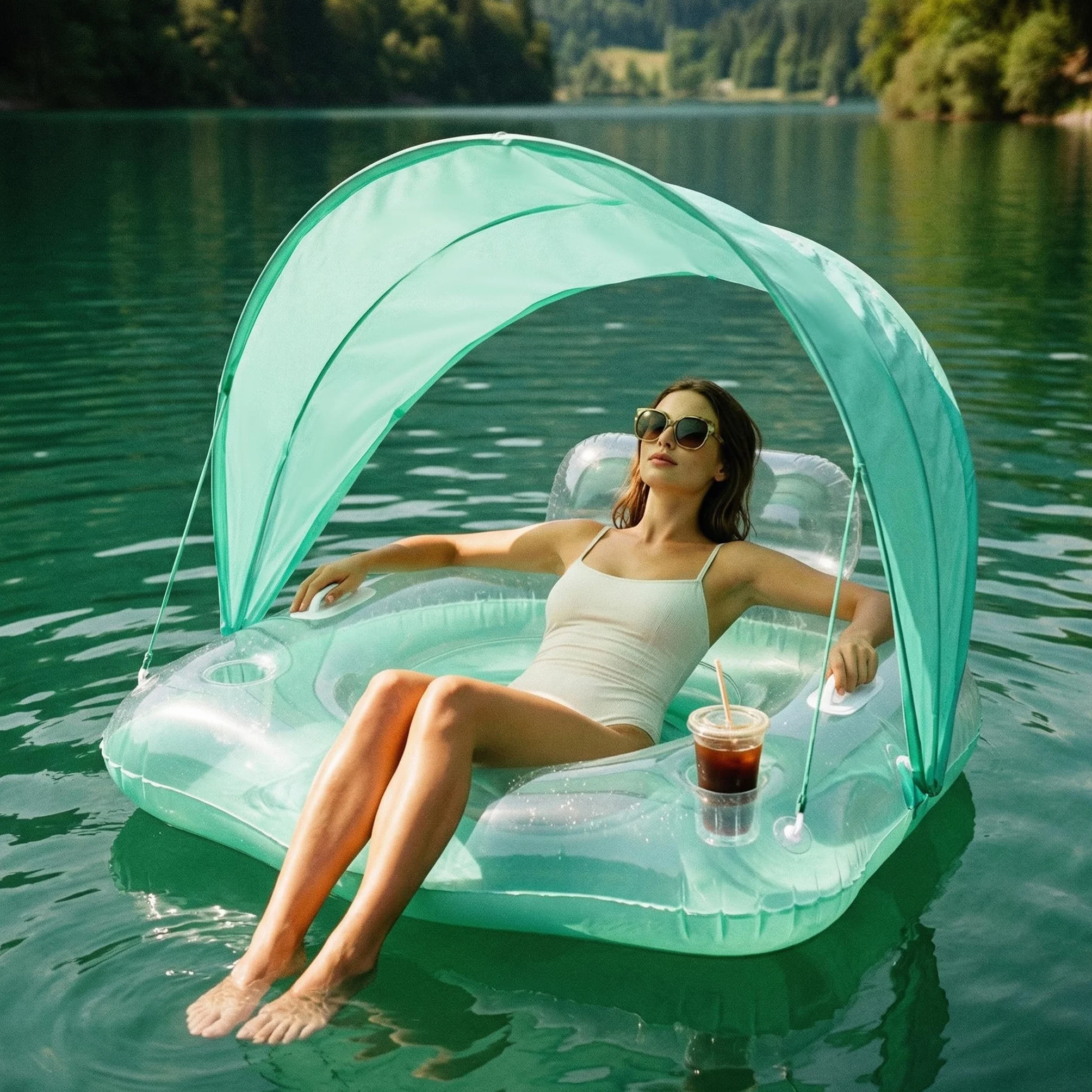 Float Joy Materac dmuchany do basenu, dla dorosłych, z 2 uchwytami na napoje, koło do pływania, zabawka, wyspa do kąpieli