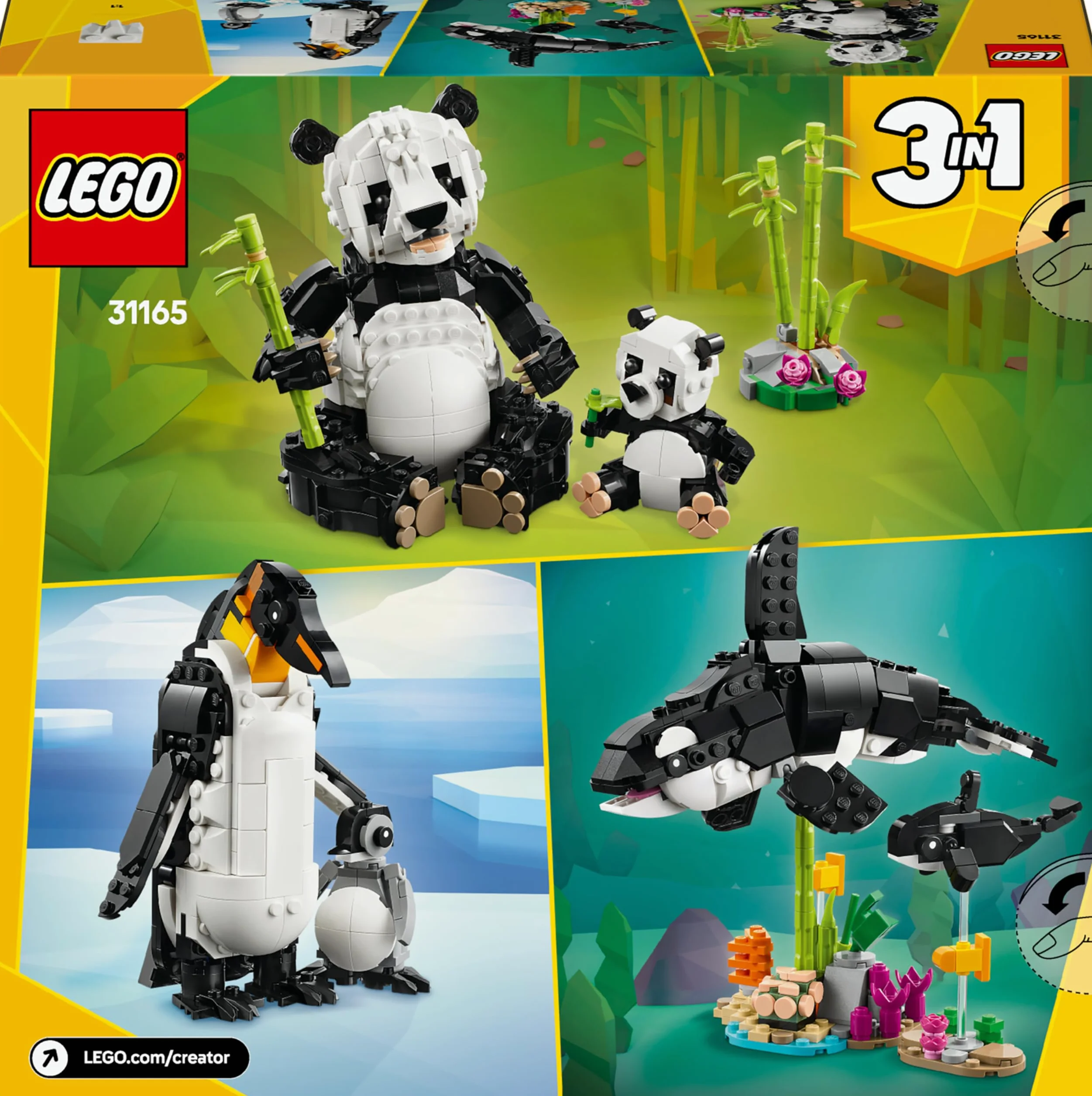 LEGO Creator 3 w 1 Dzikie zwierzęta: rodzina pand, pomysł na prezent dla dziewczynki i chłopca od 8 lat, zabawka konstrukcyjna dla dziecka do przebudowania na figurki zwierząt: orkę lub pingwina 31165