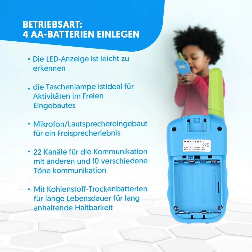 NK Walkie-Talkie dla Dzieci w wieku 4, 5, 6, 7, 8, 9 lat (baterie w zestawie) - Długi dystans 3 km, Wyświetlacz LED, 22 kanały, Zabawka dla dzieci z latarką, Prezent na Boże Narodzenie, urodziny,