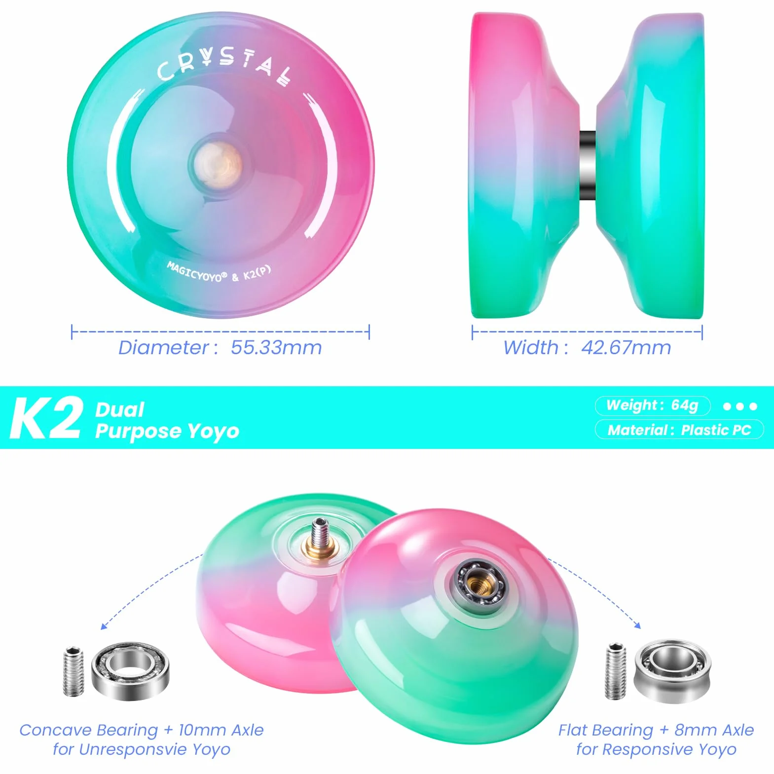 MAGICYOYO JoJo K2, Crystal Yoyo dla dzieci, Dual Purpose YoYo dla początkujących i profesjonalistów, responsywna/nieresponsywna sztuczka JoJo z 12 strunami, narzędzie do przechowywania i pudełko na