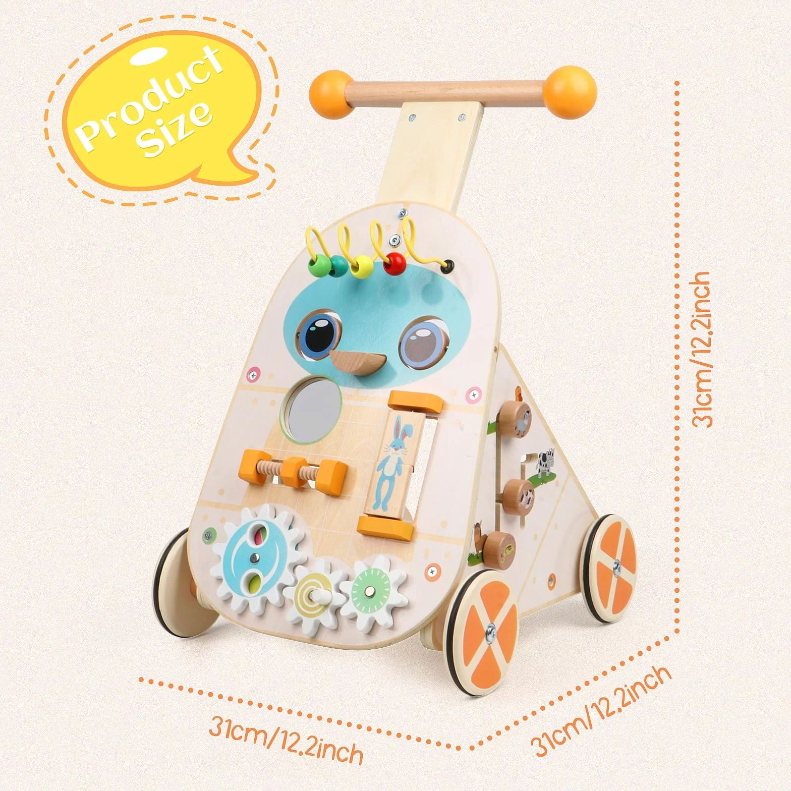 Jacootoys Drewniany chodzik z regulowaną prędkością dla maluchów, drewniany chodzik do nauki chodzenia i pchania dla chłopców, dziewczynek i dzieci w wieku 1, 2 i 3 lat