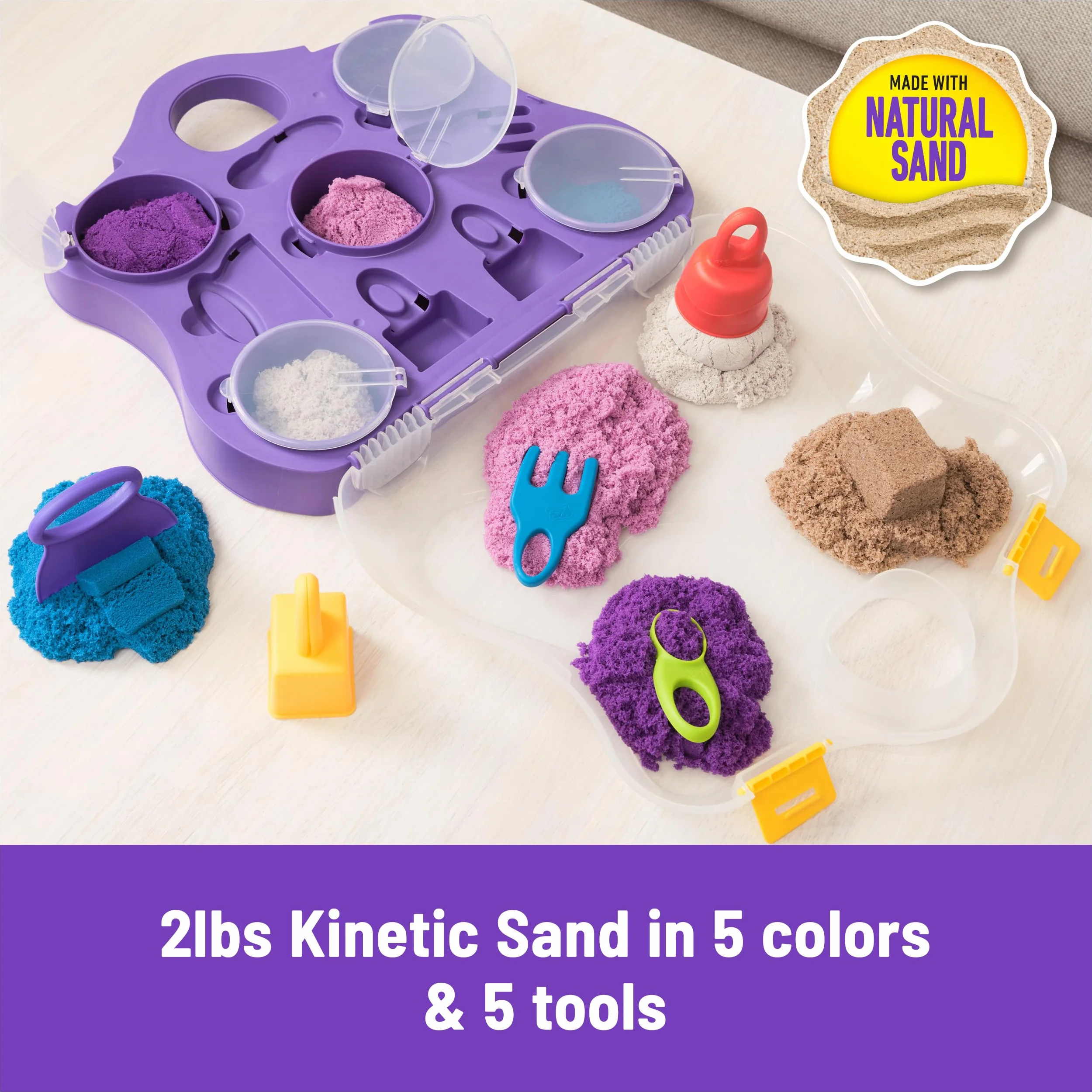 Kinetic Sand Walizka do zabawy w kolorach – 907 g magicznego piasku ze Szwecji w 5 kolorach i z 5 narzędziami do kreatywnej zabawy w pomieszczeniach, dla dzieci od 3 lat