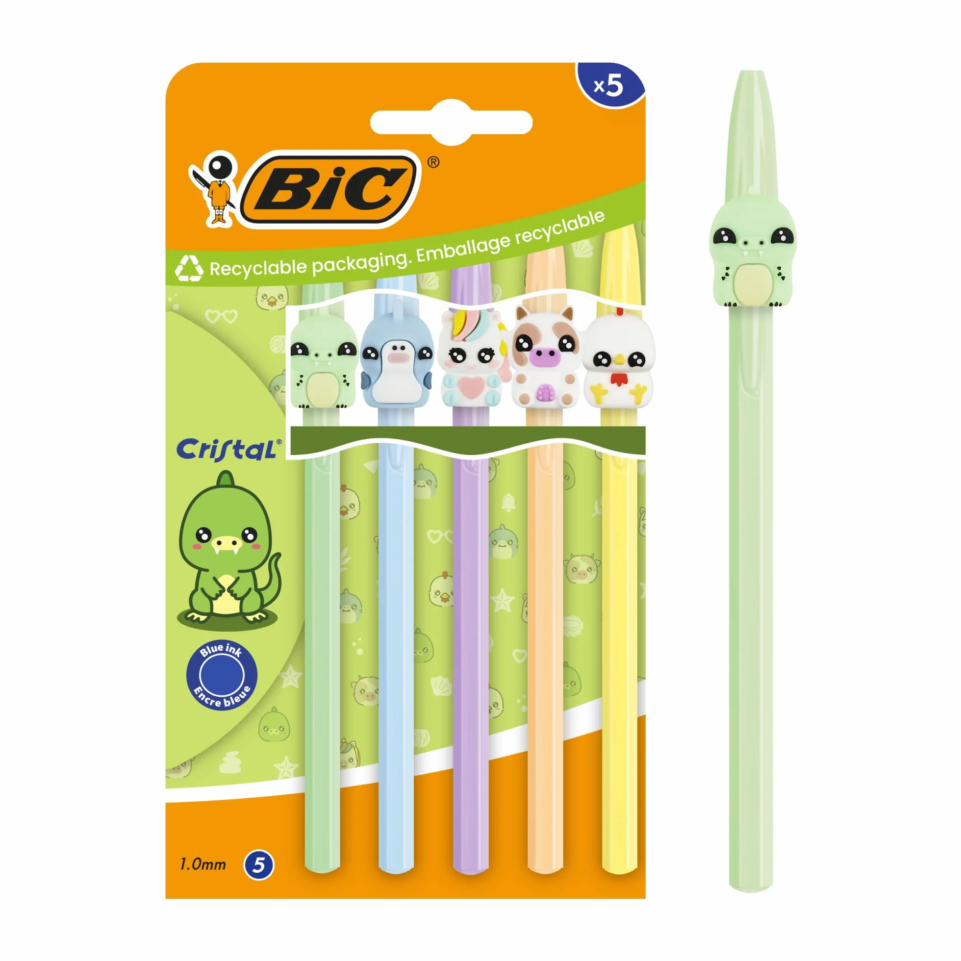 BIC Kryształowe pastelowe figurki, długopisy kulkowe, średni punkt (1,00 mm), niebieski atrament, 5 różnych postaci i kolorów beczek, kartonowe opakowanie 5 szt