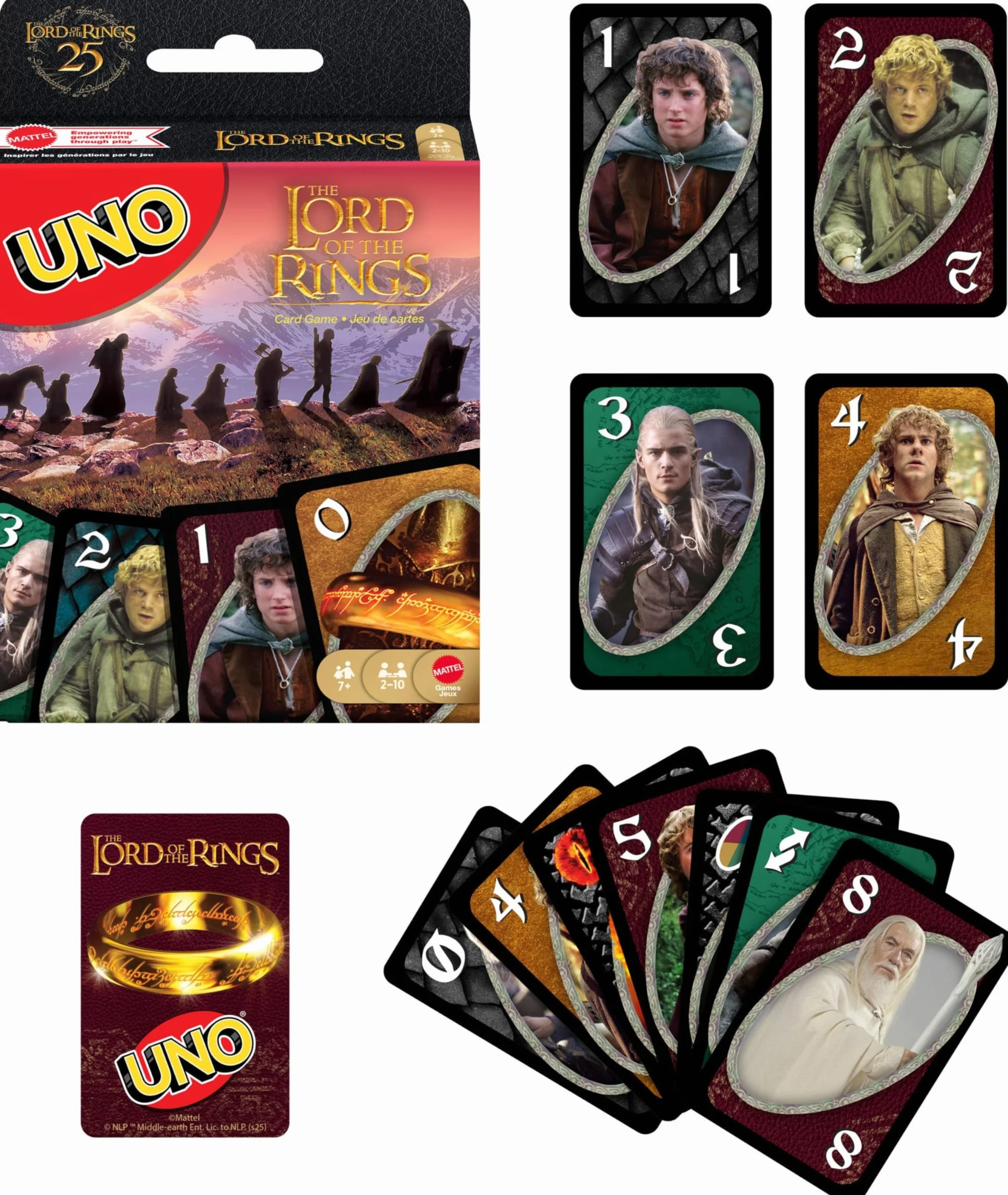 Mattel Karty UNO Lord of the Rings Władca Pierścieni Towarzyska i rodzinna gra karciana na wieczór gier, podróż i imprezę, dla fanów, dorosłych i dzieci 7+, gra kolekcjonerska, JMF13