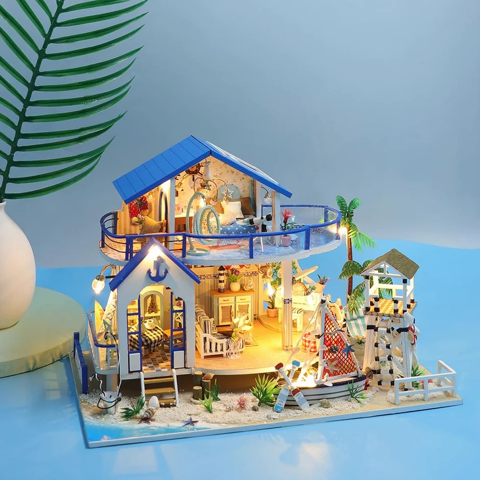 GuDoQi Miniaturowy zestaw domku dla lalek z muzyką, miniaturowe zestawy modeli domu DIY do budowania, rękodzieło ręcznie robione dla dorosłych, stwórz własny na urodziny, Dzień Ojca, Niebieska Willa