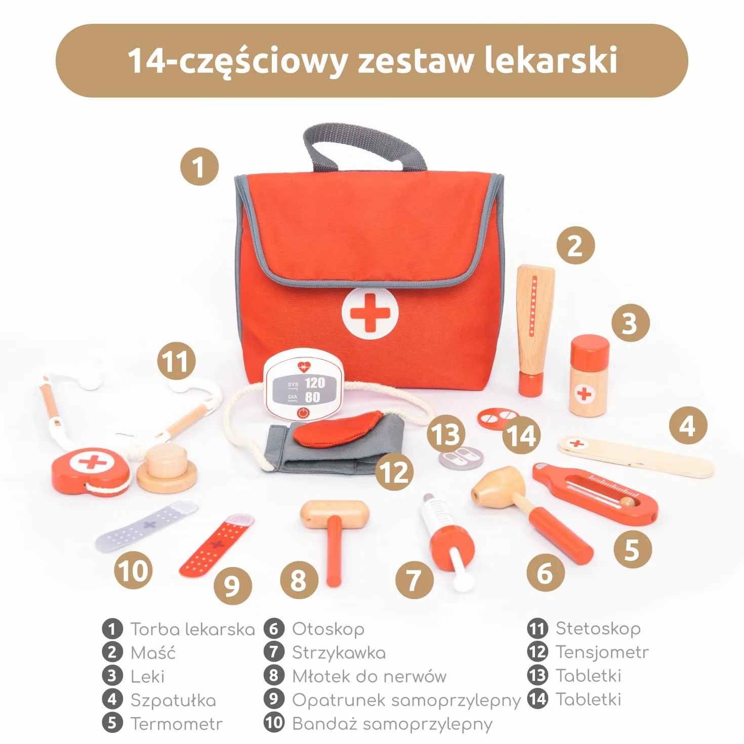UMU® Mini walizka lekarska dla dzieci, zestaw do zabawy z drewna ze stetoskopem i ciśnieniomierzem, 14-częściowy zestaw medyczny
