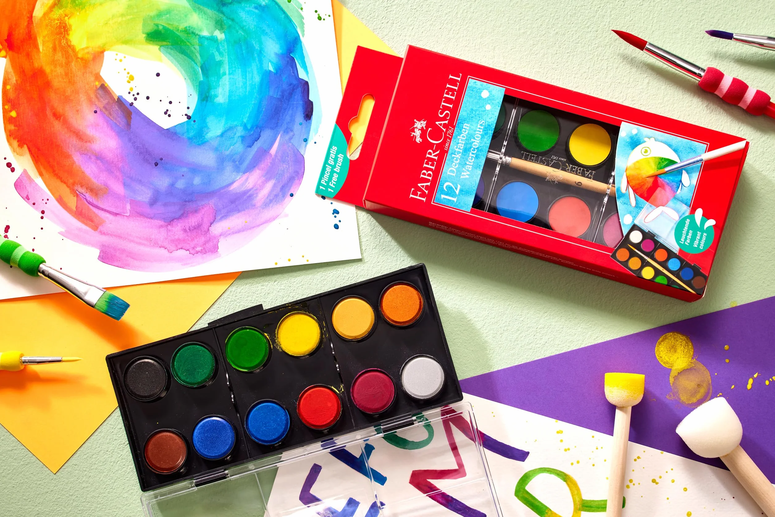 Faber-Castell 125018 - Pudełko z akwarelami 12 kolorów, w zestawie z pędzlem, pudełko do kolorowania dla szkoły i czasu wolnego