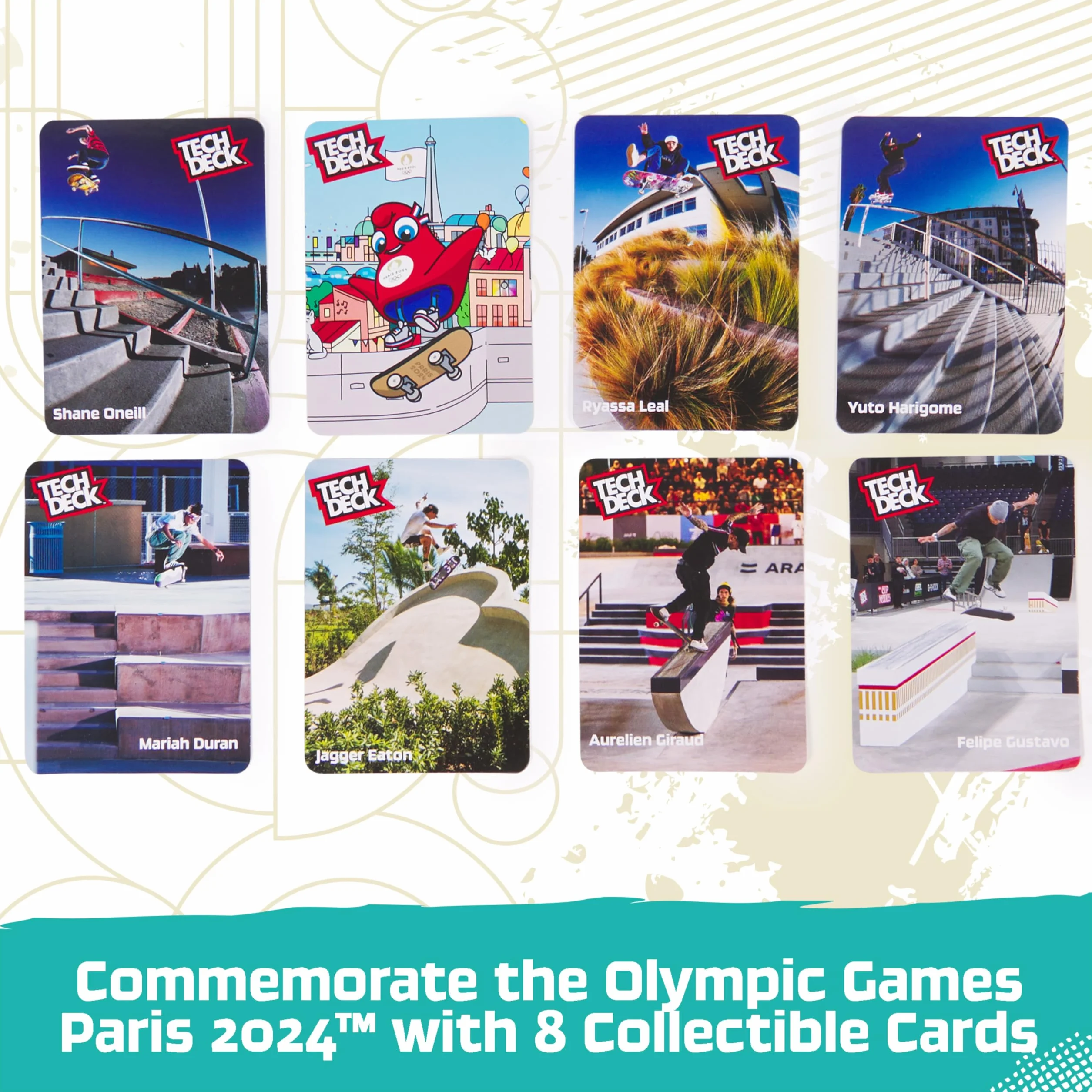 Tech Deck Competition Legends zestaw 8 sztuk, 8 autentycznych naparstków olimpijskich sportowców w Paryżu 2024, 8 indywidualnych uchwytów na deskorolkę, 8 kart dla sportowców, od 6 lat