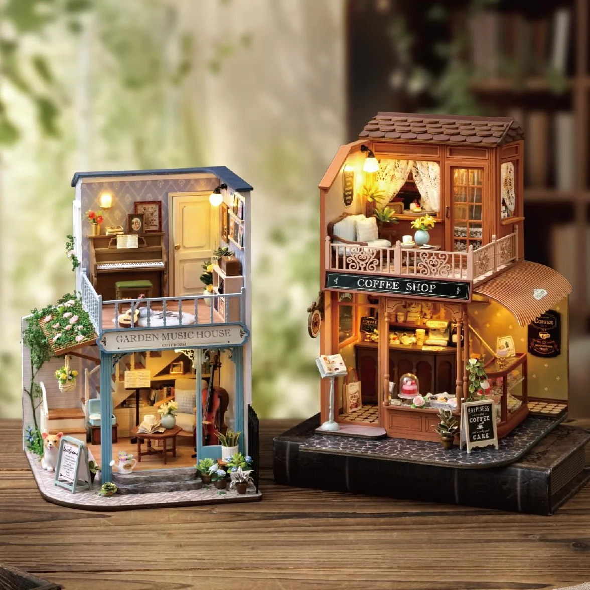 CUTEROOM DIY miniaturowy domek dla lalek - kreatywny drewniany model 3D z oświetleniem LED i ruchem muzycznym - zestaw konstrukcyjny dla dorosłych, wystrój domu - melodia