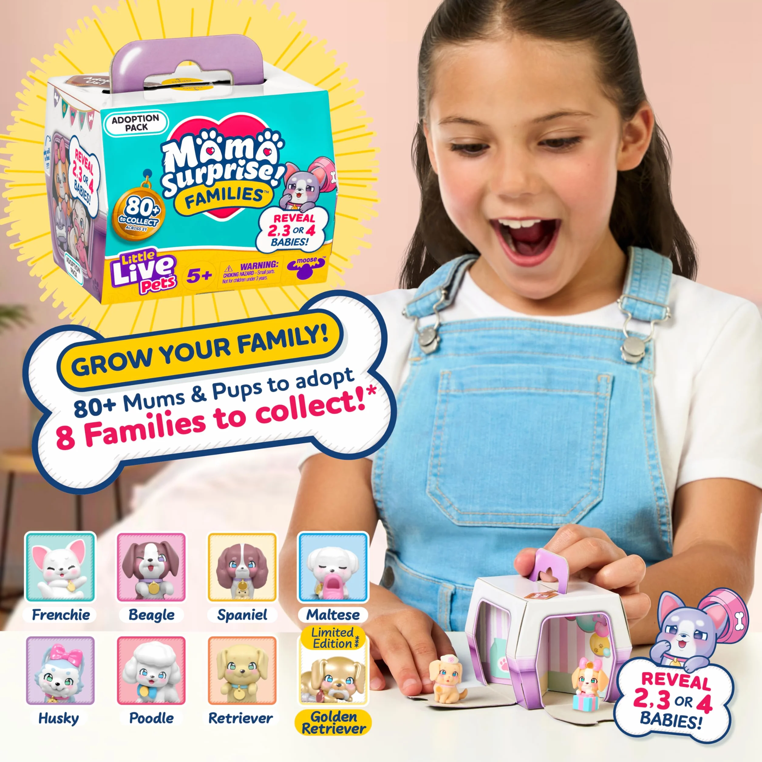 Little Live Pets Mama Surprise Families zestaw do zabawy dla niemowląt, 3 szczenięta retrievera, magiczny, dwustronny zestaw do zabawy (szerokość 27,8 cm, wysokość 23,8 cm) do karmienia, kąpieli i