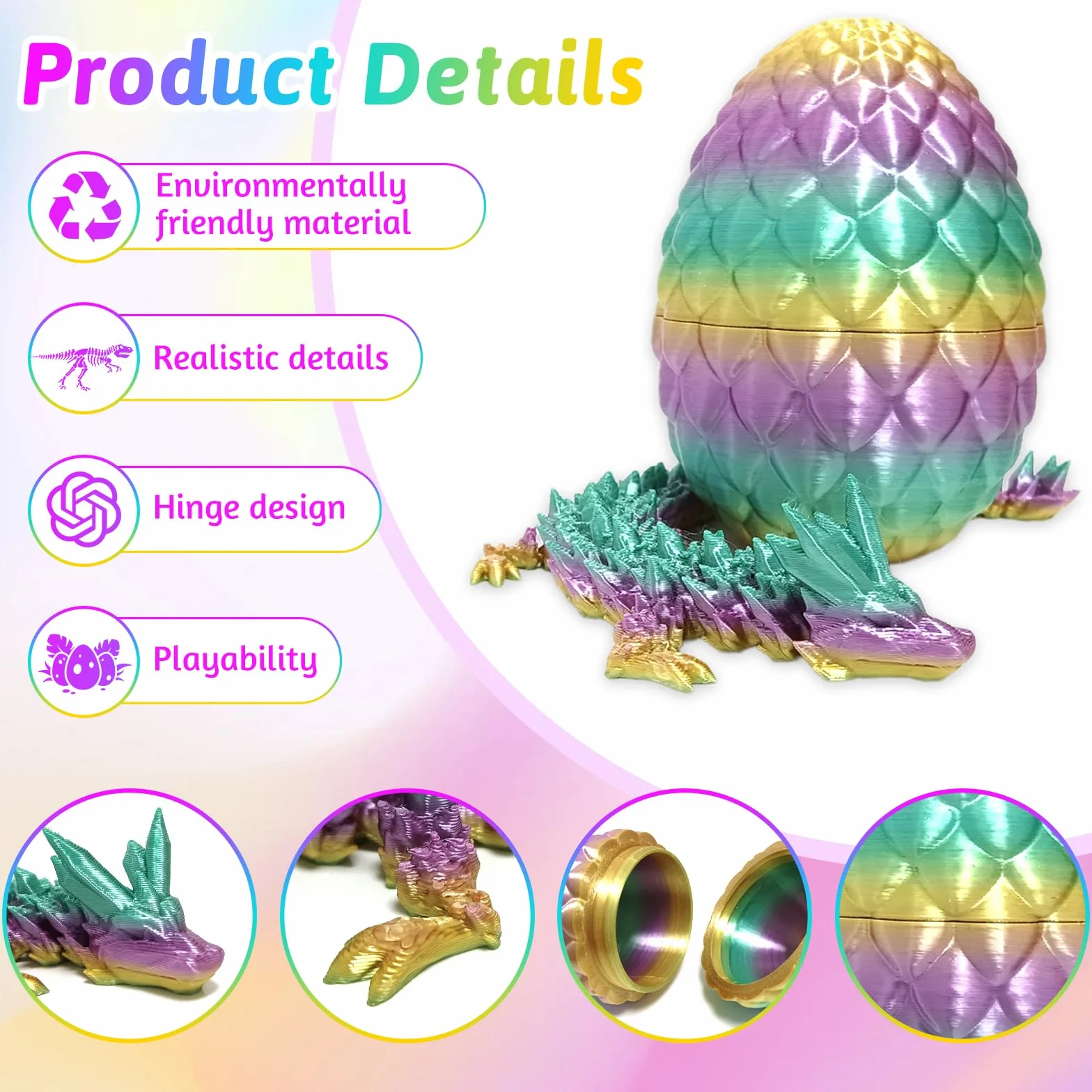3D Drukowane Smoki w Jaju, 4-pakt 3D Drukowane Jajo Smoka z Smokiem Wewnątrz Styczna Figurka Smoka z Kryształu, Wypełniacze na Wiosenny Kosz, 3D Drukowana Zabawka do Rozgryzania na Boże Narodzenie