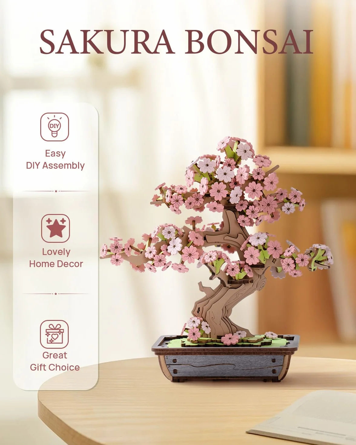 Rolife Puzzle 3D, sakura i wiecznie zielona sosna, bonsai, drewniane puzzle, zestawy modelarskie dla dorosłych do budowania, dekoracja domu, kreatywny prezent dla dorosłych i dzieci (Sakura Bonsai)