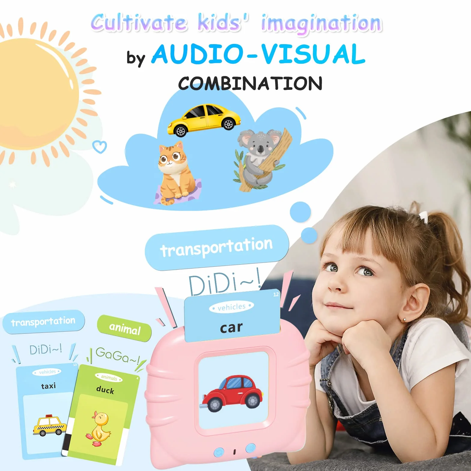 GUYUCOM Karty edukacyjne, Flash, gry edukacyjne dla dzieci w wieku 2, 3, 4, 5 lat, zabawki do nauki mowy dla maluchów, prezenty do rozwijania języka z 112 kartami (224 angielskie słowa)