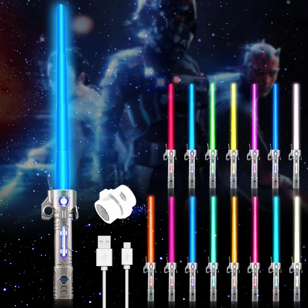 Miecz Laserowy dla Dzieci, 15 Kolorów Star Wars, Miecz Świetlny LED z Światłem i Dźwiękiem, 2 w 1 Chowany Miecz Laserowy dla Dzieci (Srebrny Uchwyt)