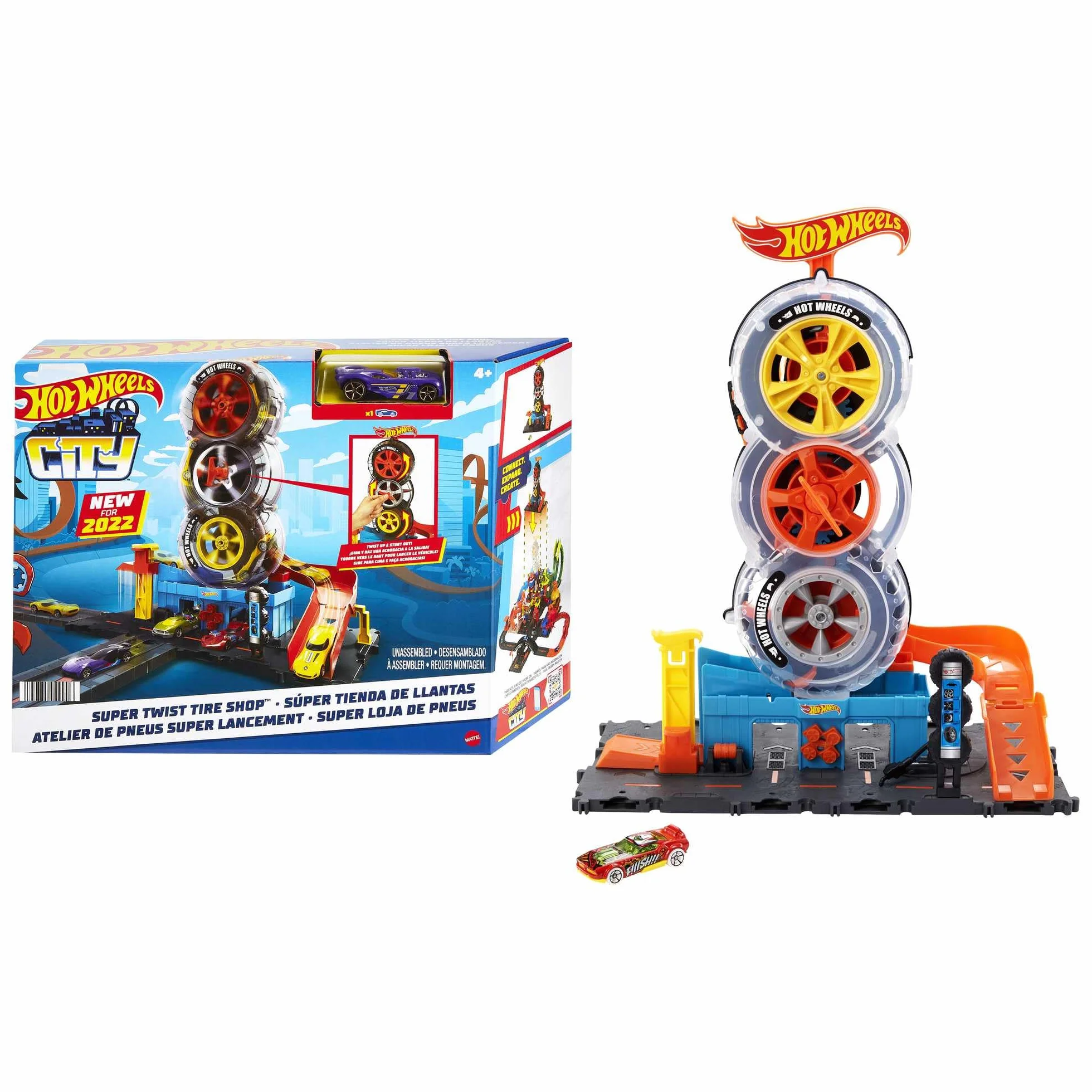 Hot Wheels City Wyścigowy Warsztat opon, zestaw do zabawy z 1 pojazdem Hot Wheels, zakręć kluczem, aby przewozić samochodziki po warsztacie, prezent dla dzieci od 4 do 8 lat, HDP02