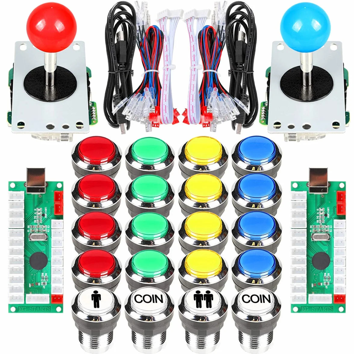 Fosiya Joystick dla 2 graczy, LED, chromowane przyciski do PC MAME Raspberry Pi Gry wideo, części do szafek zręcznościowych (zestaw mieszany)