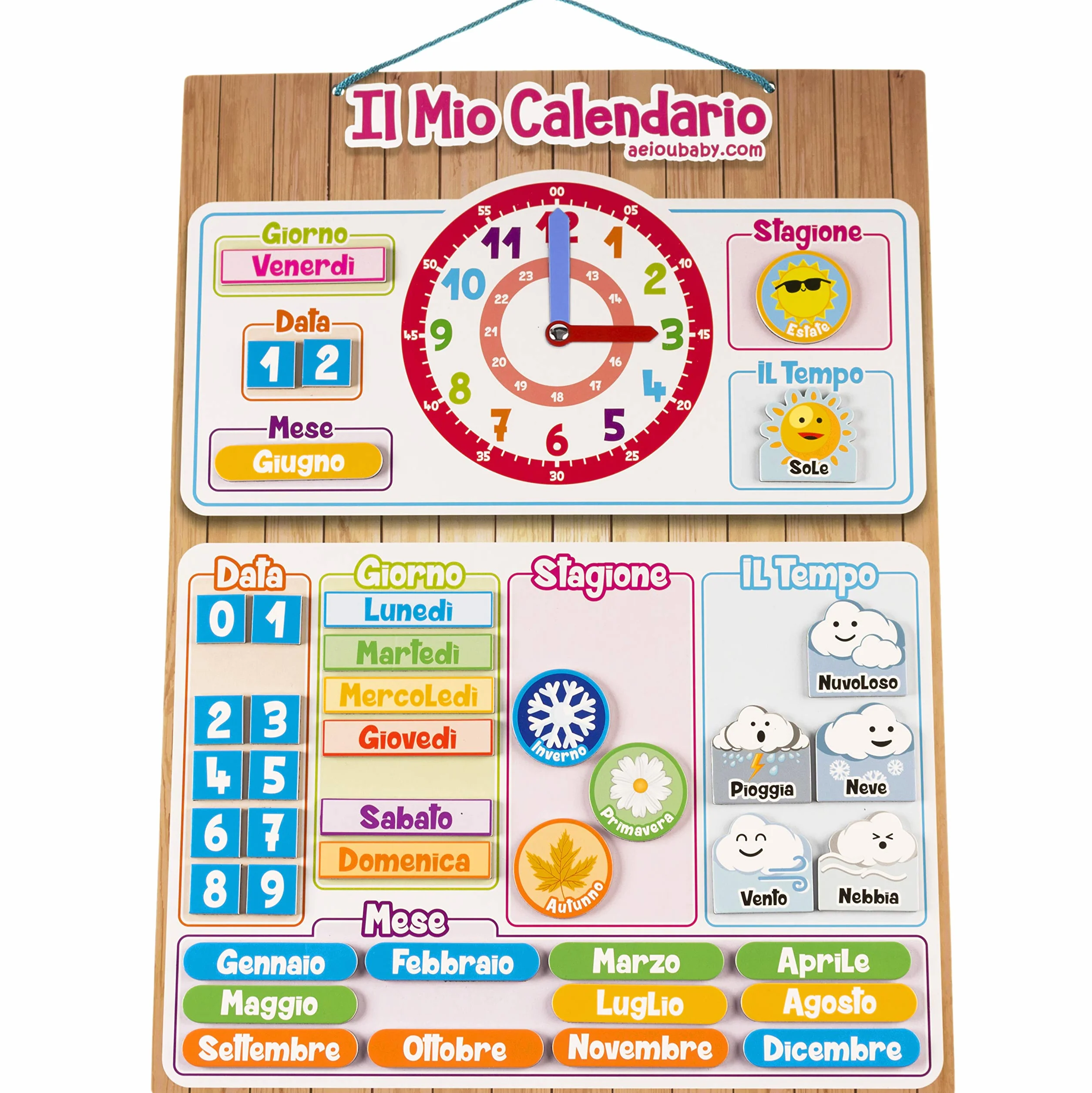 Kalendarz Zegar Magnetyczny Dziecięcy, Gra Edukacyjna Data Czas i Godzina na ścianę lub Lodówkę, 43x32cm. Pudełko Urodziny dla dzieci w Szkole lub Żłobku (Włoski)