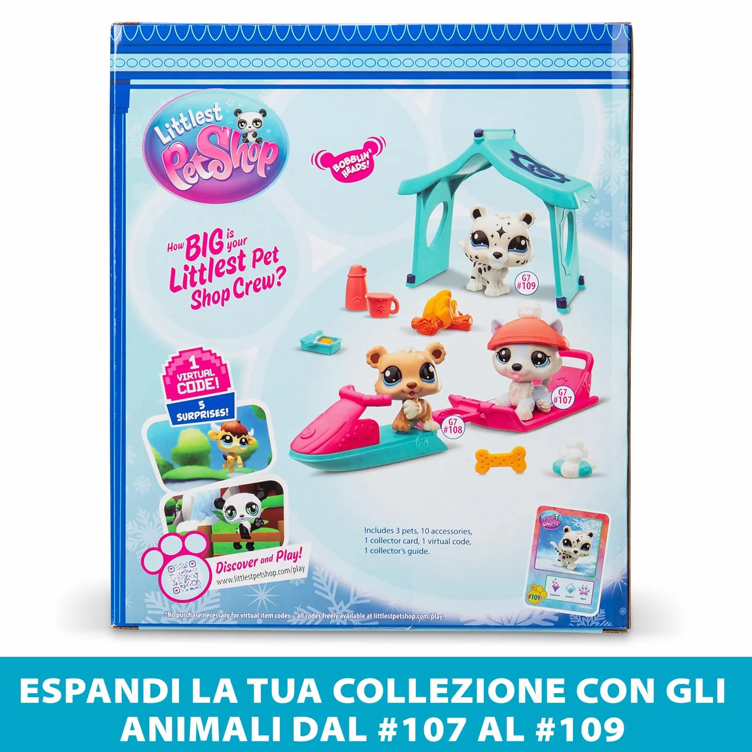 Littlest Pet Shop Series 2 Snowy Day Play Pack, opakowanie zawiera 3 mini zabawki dla zwierząt domowych LPS, 6 akcesoriów, 1 kartę kolekcjonerską i 1 wirtualny kod, zabawki kolekcjonerskie dla