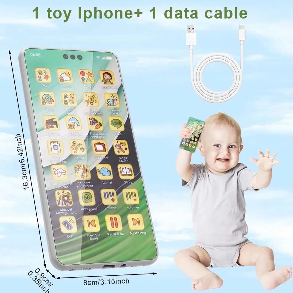 Aolso Telefon komórkowy zabawka dla dzieci, zabawka na telefon dziecięcy, smartfon edukacyjny, przenośna maszyna do nauki angielskiego z ekranem (srebrno-szary)