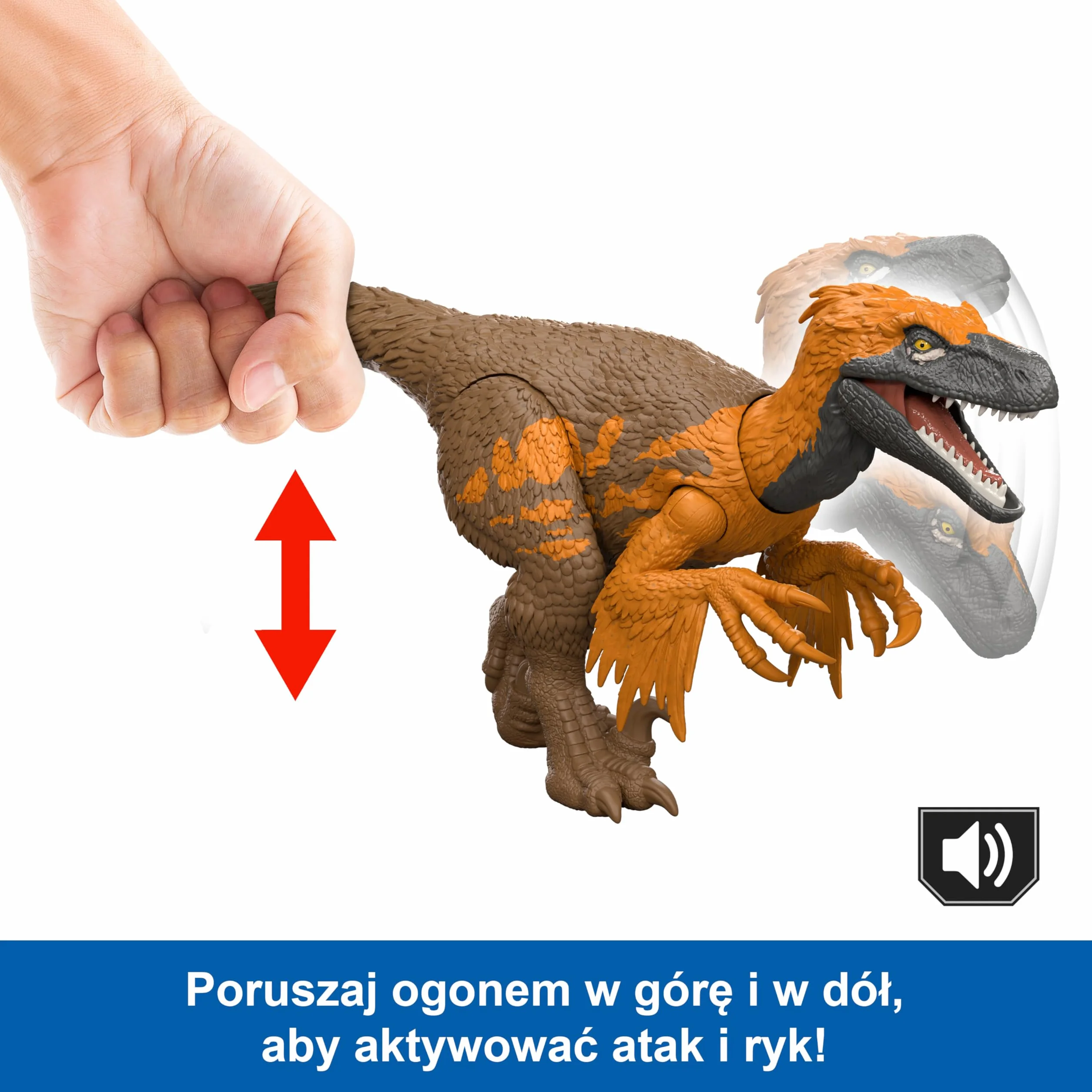 Mattel Jurassic World: Odrodzenie Utahraptor Ryczący dinozaur Figurka z wielokierunkowym atakiem i dźwiękiem, do ustawiania w różnych pozach, zabawka dinozaur dla dzieci, zabawa wirtualna, JGC80