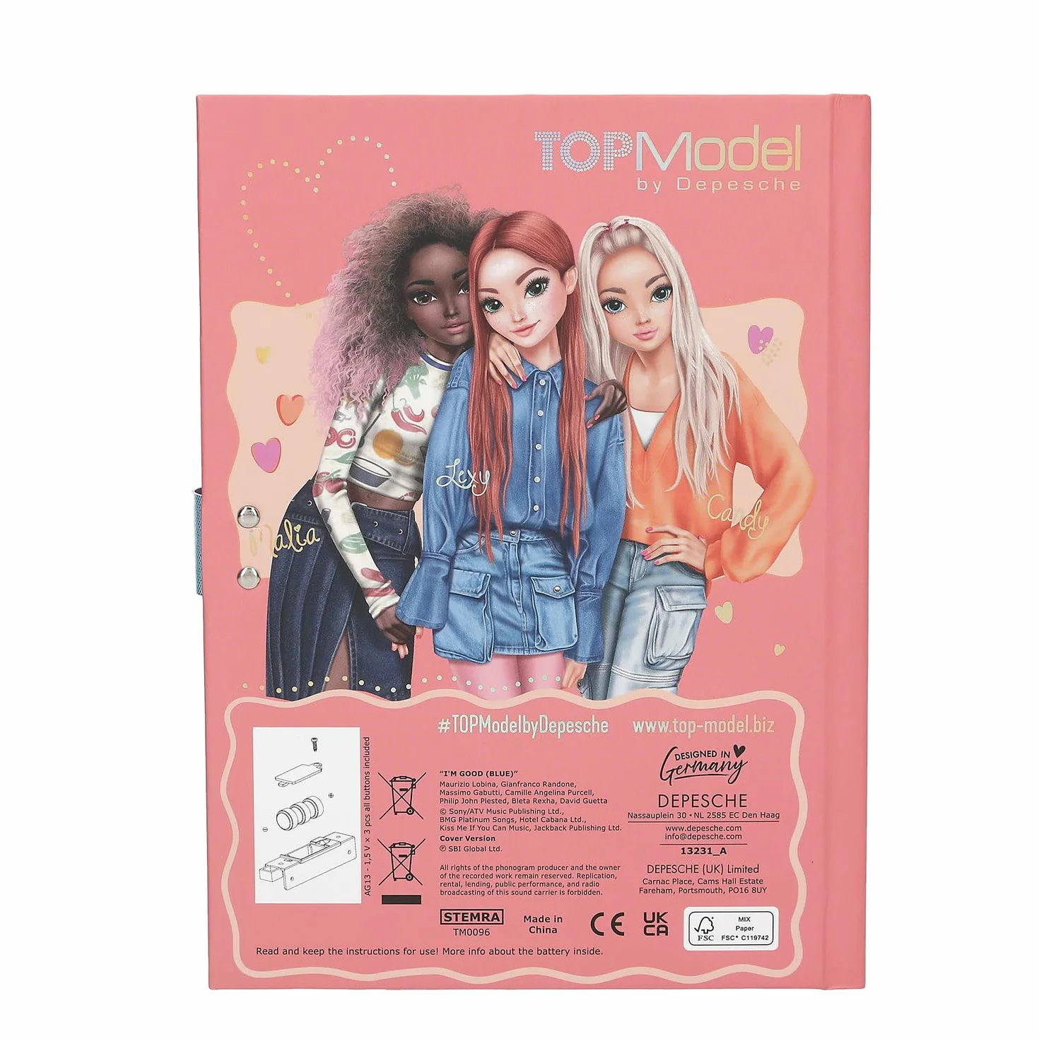 Depesche 13231 TOPModel - dziennik z kodem numerycznym i dźwiękiem, książka w kolorze różowym i niebieskim, z motywem modelu i 80 liniami i kolorowo ilustrowanymi stronami