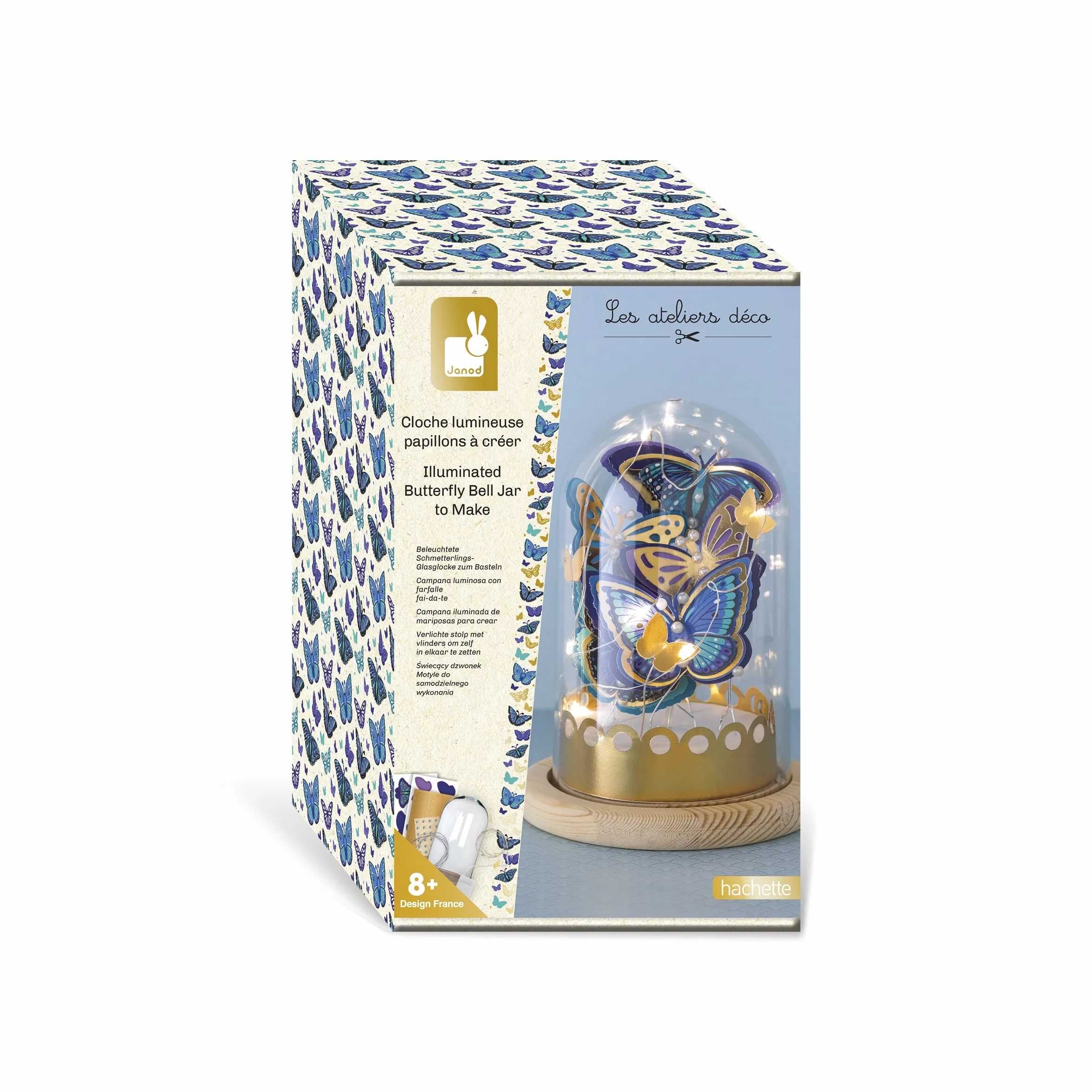 Janod Create-Your-Own Light-Up Blue & Gold Butterfly Bell Jar-Les Ateliers Déco Zestaw Sztuki i Rzemiosła Dla Dzieci - Doskonałe Umiejętności motoryczne i Koncentracja - 8 lat +, J07878, Wielokolorowy
