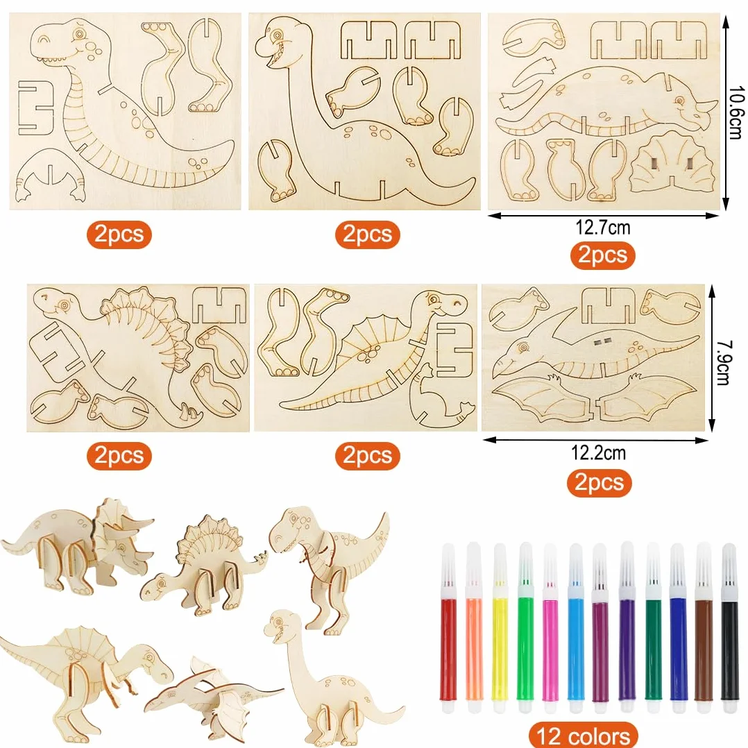 Drewniany zestaw dinozaurów 12 sztuk - DIY 3D Zestaw do malowania i malowania dla dzieci - Kreatywne rękodzieło Prezent urodzinowy